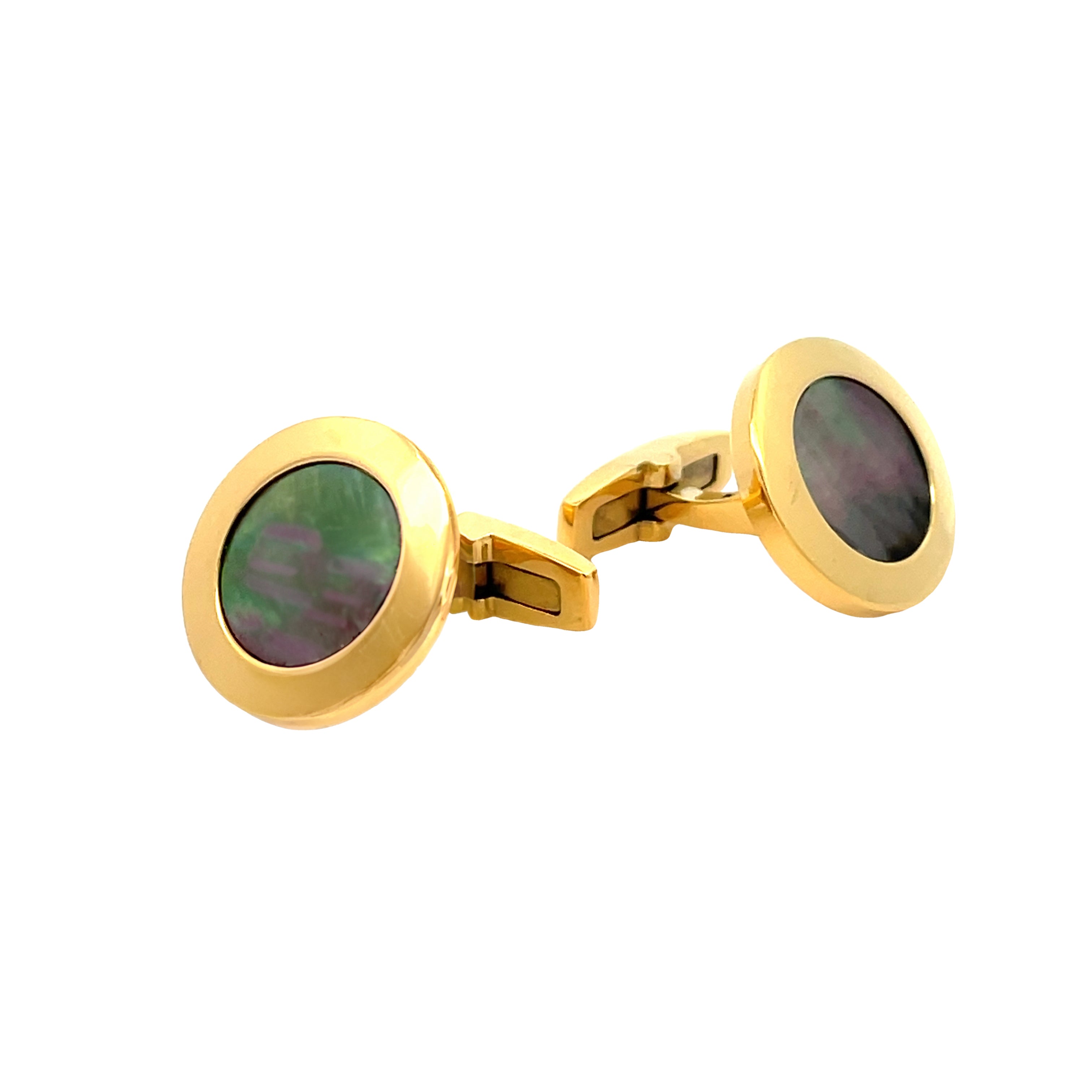 Gold Plated Stainless Steel Black Mother Of Pearl Round Cufflinks