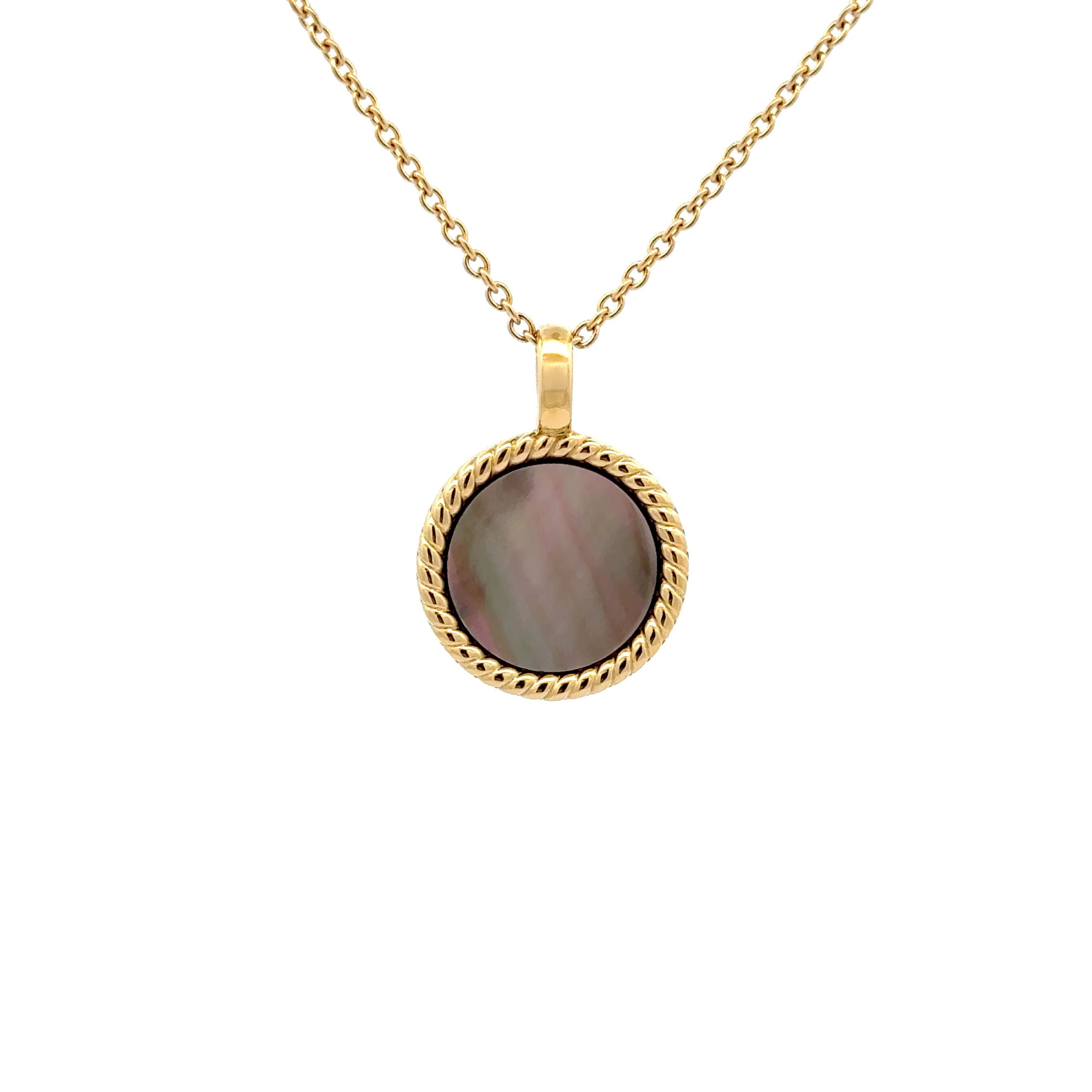 14K Gold Plated Stainless Steel Black Mother Of Pearl Antique Style Disc Necklace