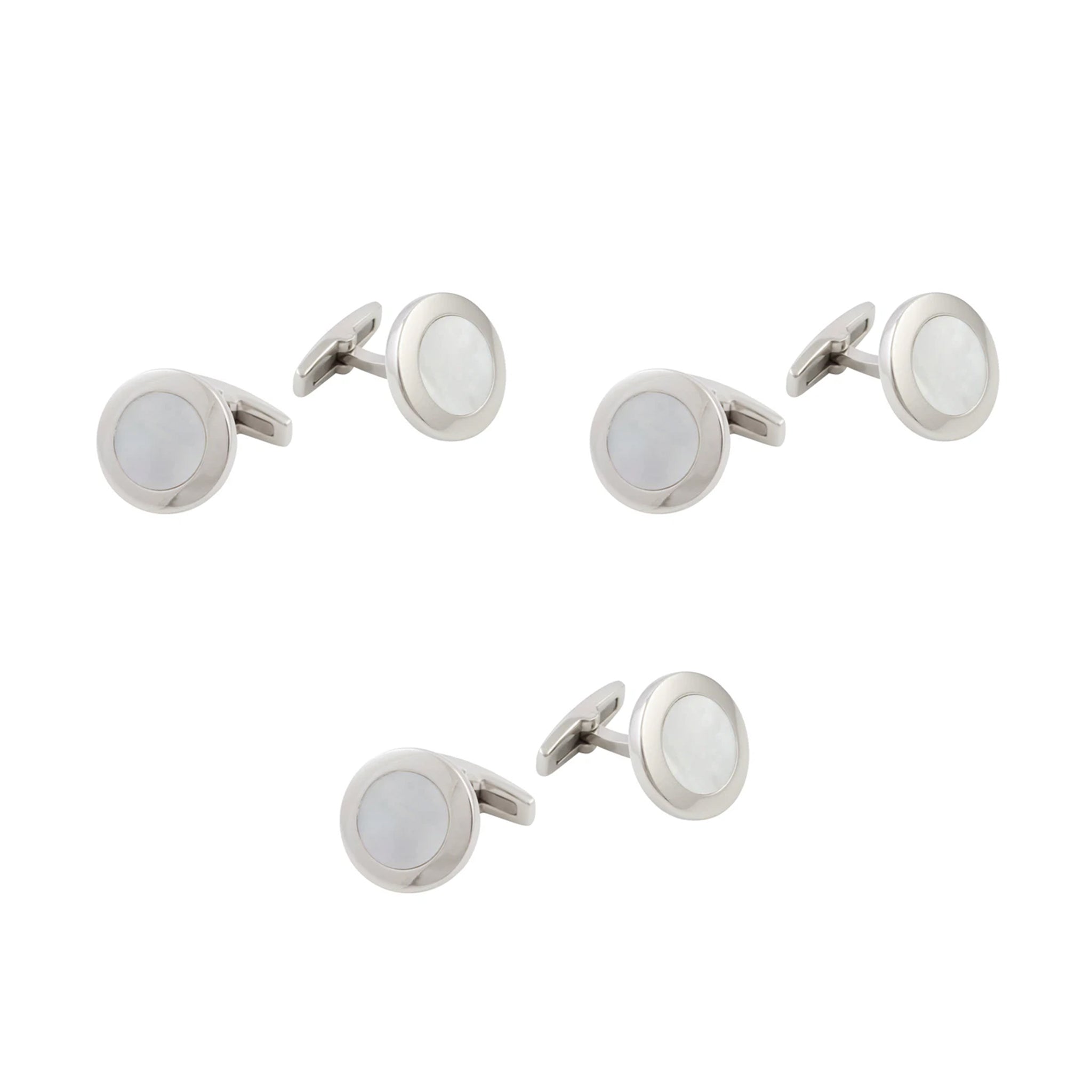 Groomsmen Three Set Bundle - Stainless Steel White Mother Of Pearl Round Cufflinks