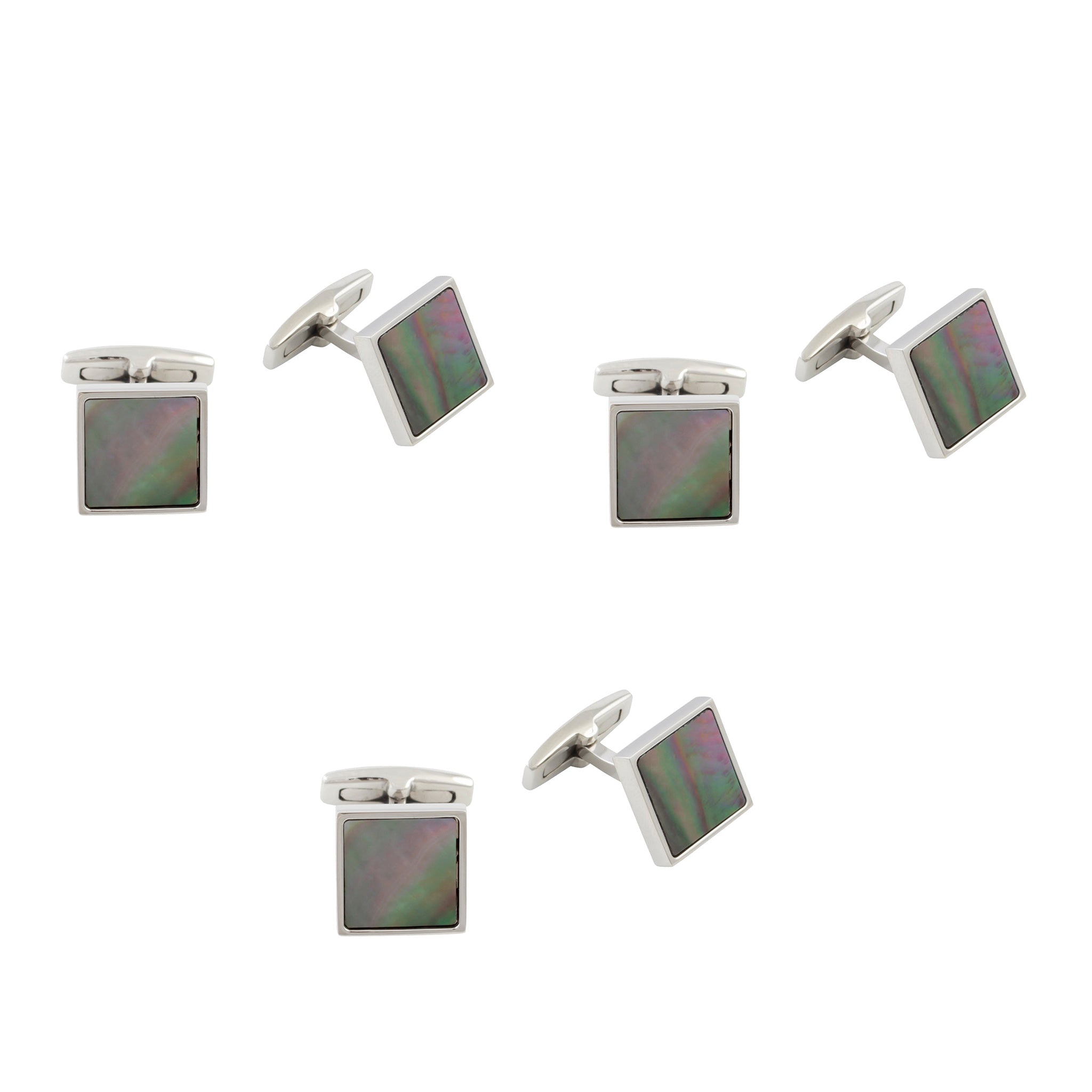 Groomsmen Three Set Bundle - Stainless Steel Black Mother Of Pearl Square Cufflinks