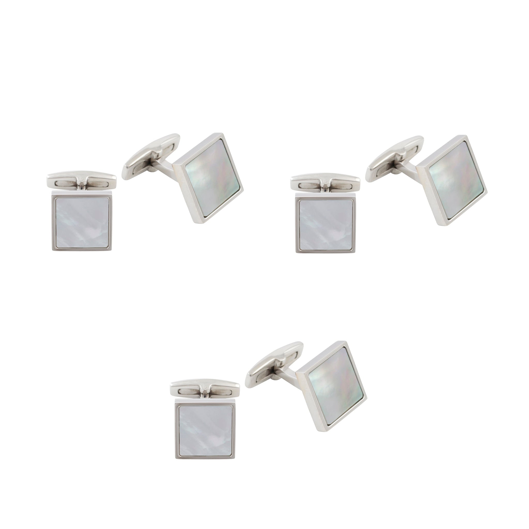 Groomsmen Three Set Bundle - Stainless Steel White Mother Of Pearl Square Cufflinks