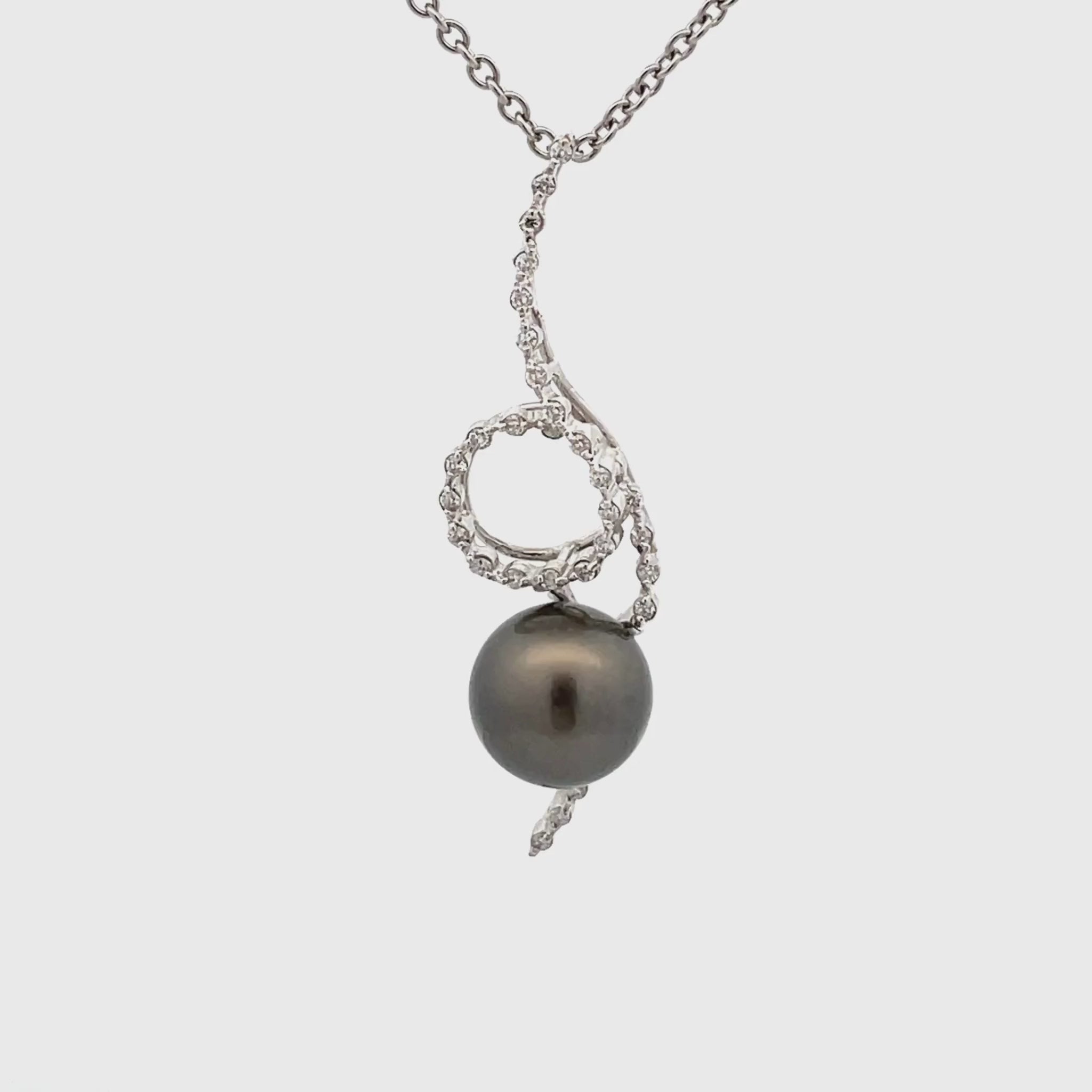 18K White Gold Tahitian 9-10 mm Cultured Pearl and Diamond Pendant