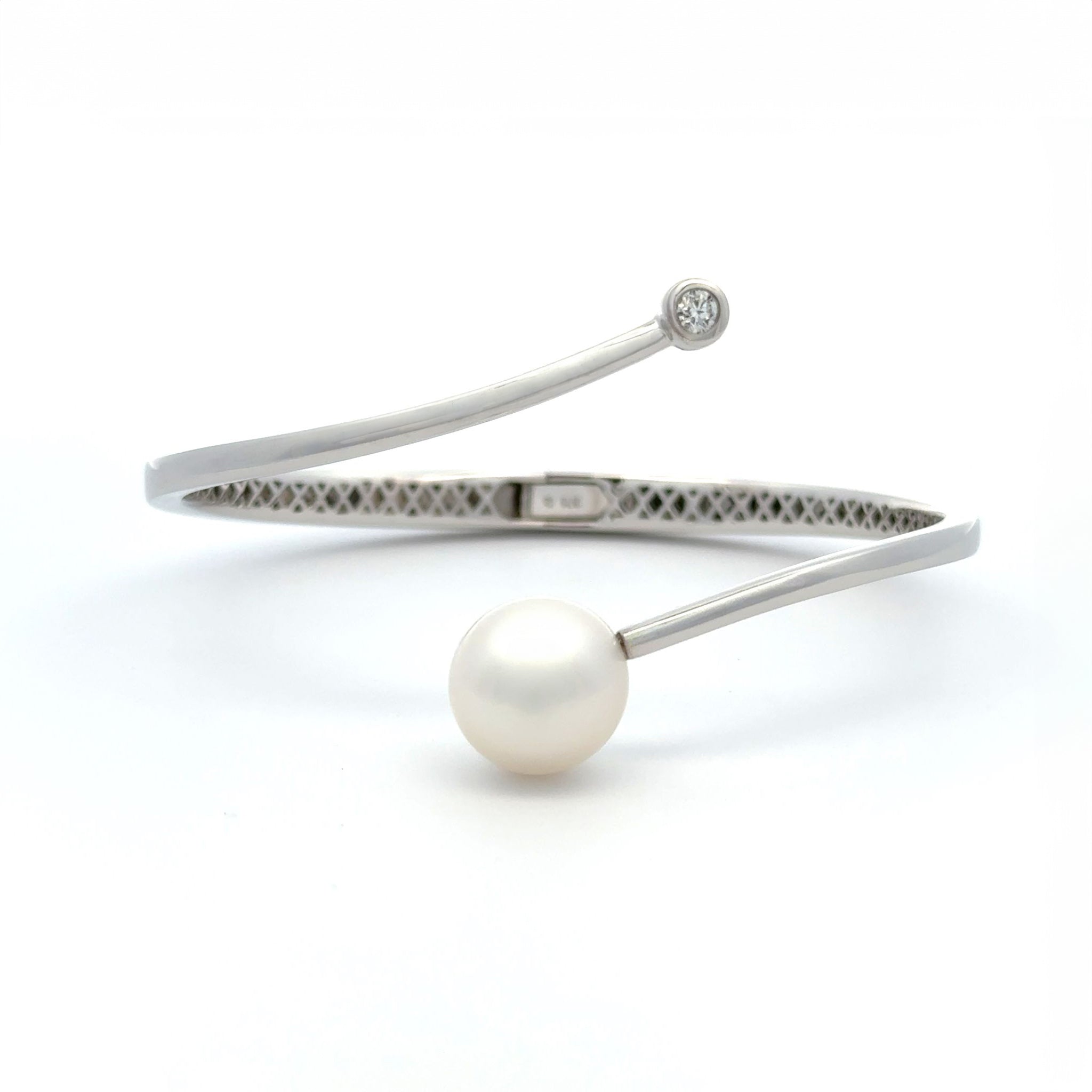 9K White Gold Australian South Sea 12-13mm Cultured Pearl and Diamond Bangle