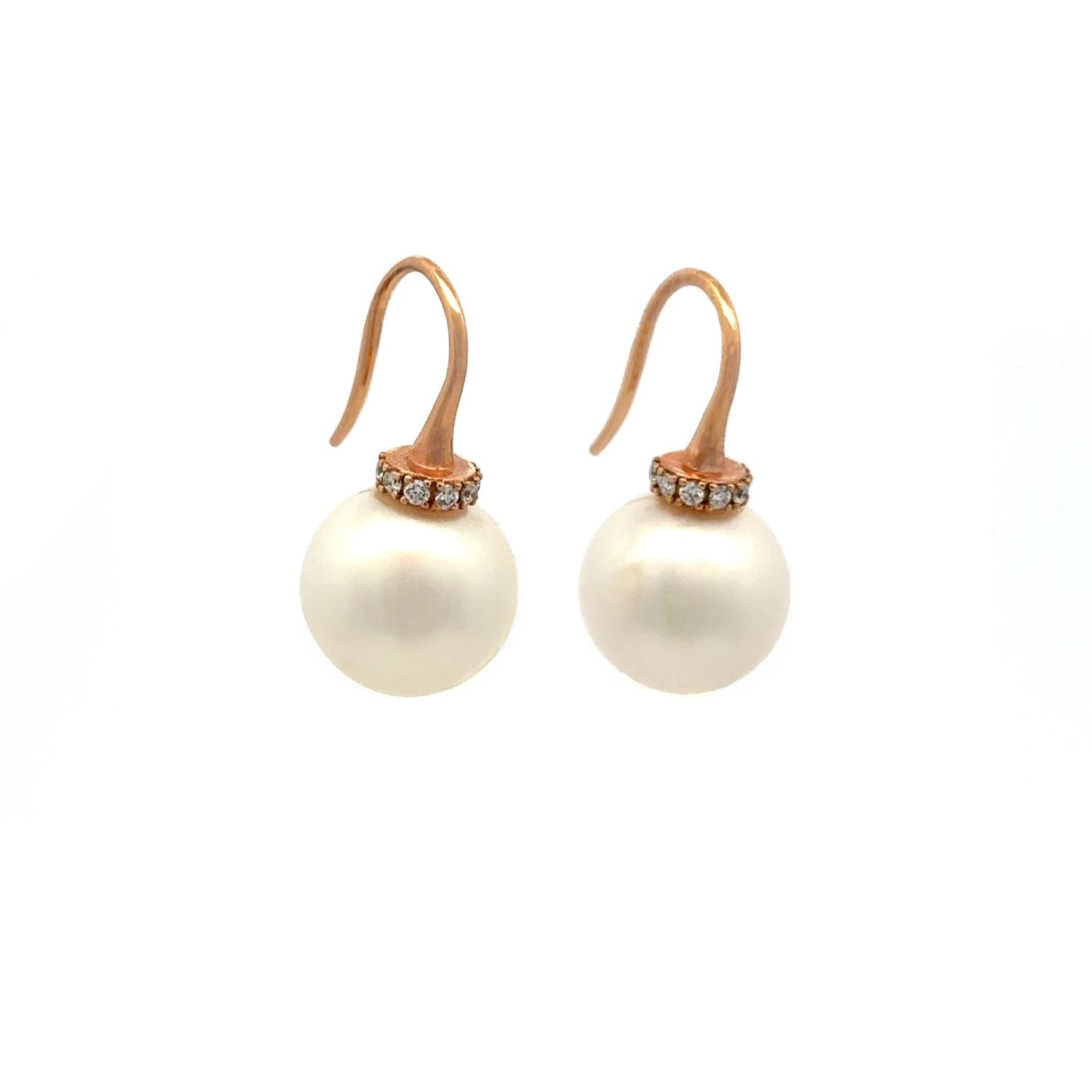 18K Rose Gold Australian South Sea Cultured 11-12 mm Pearl and Diamond Hook Earrings