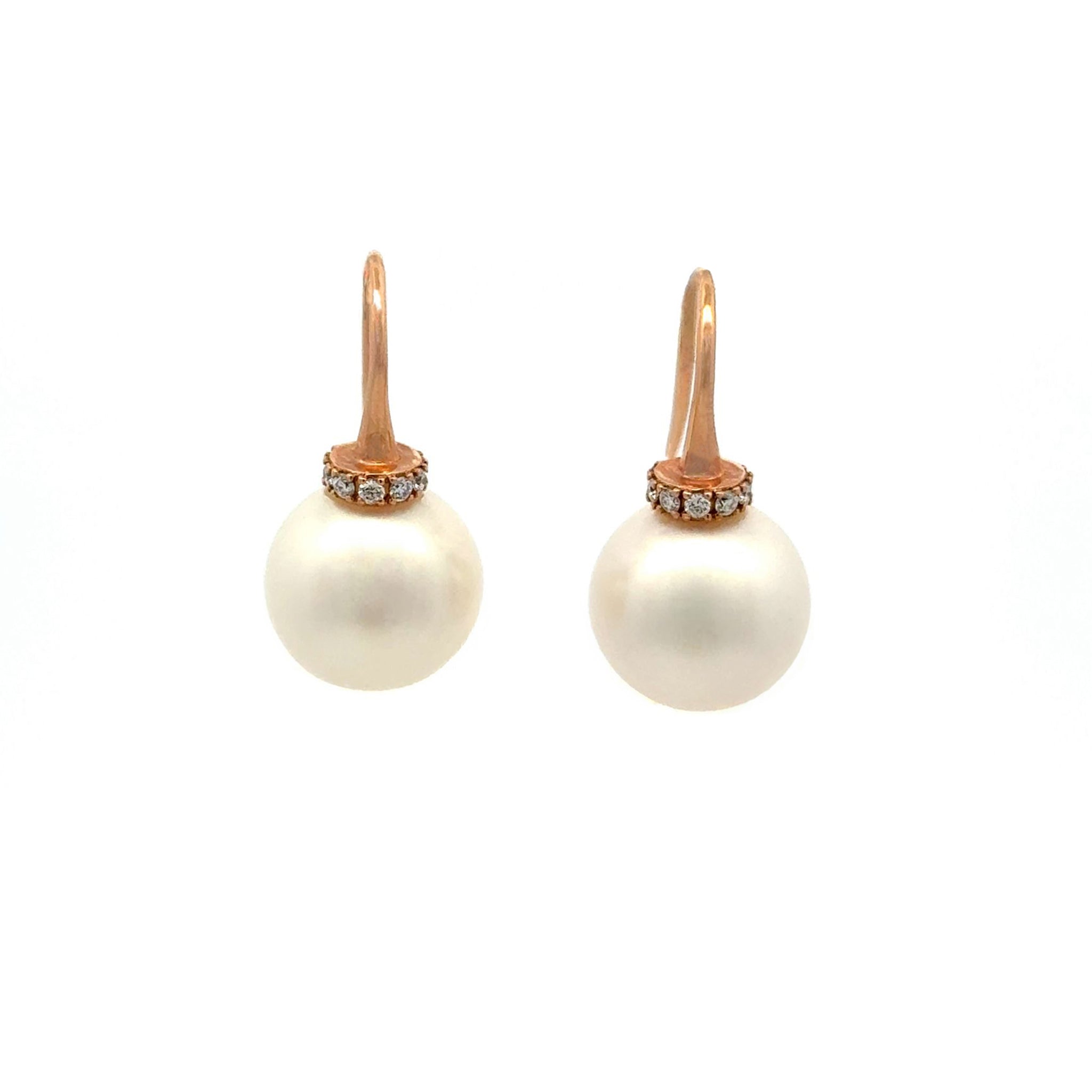 18K Rose Gold Australian South Sea Cultured 11-12 mm Pearl and Diamond Hook Earrings