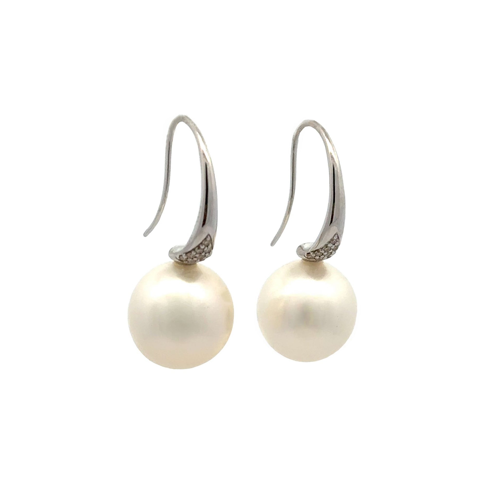9K White Gold Australian South Sea Cultured 12-13mm Pearl and Argyle Diamond Hook Earrings