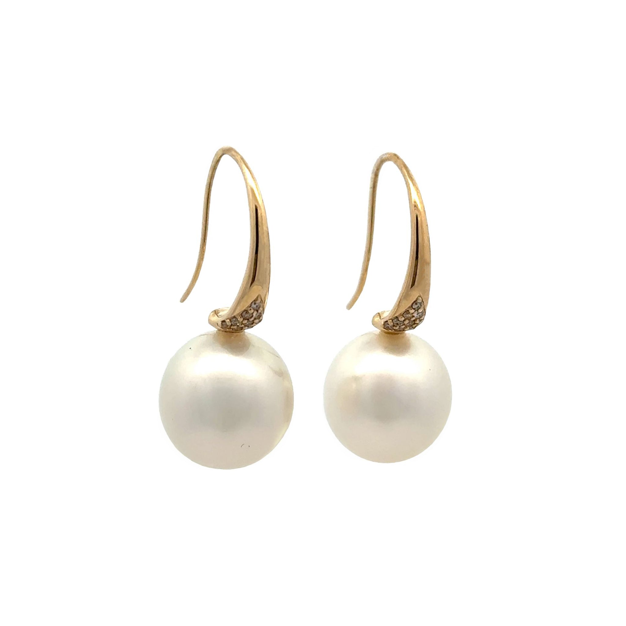 9K Yellow Gold Australian South Sea Cultured 12-13mm Pearl and Argyle Diamond Hook Earrings