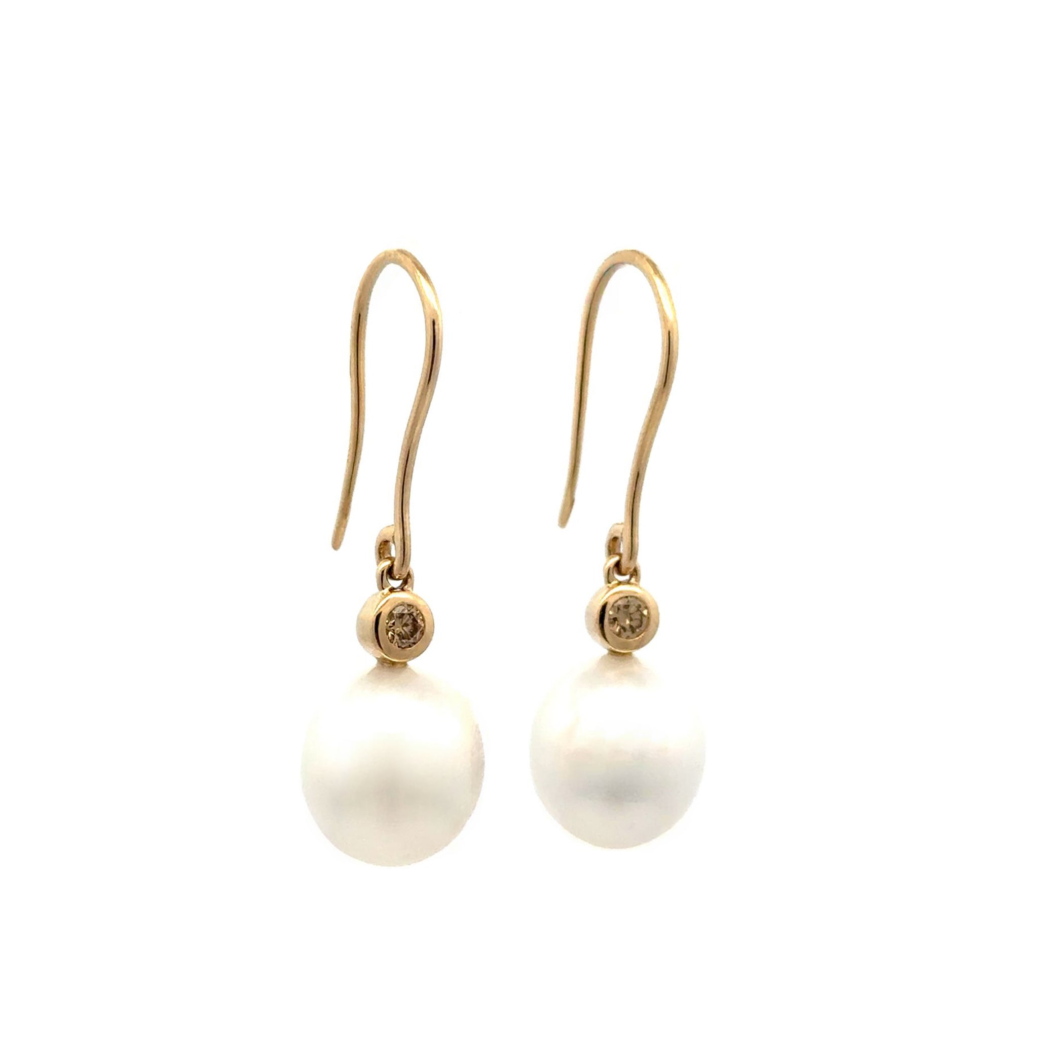 9K Yellow Gold Australian South Sea Cultured Pearl and Argyle Diamond Hook Earrings