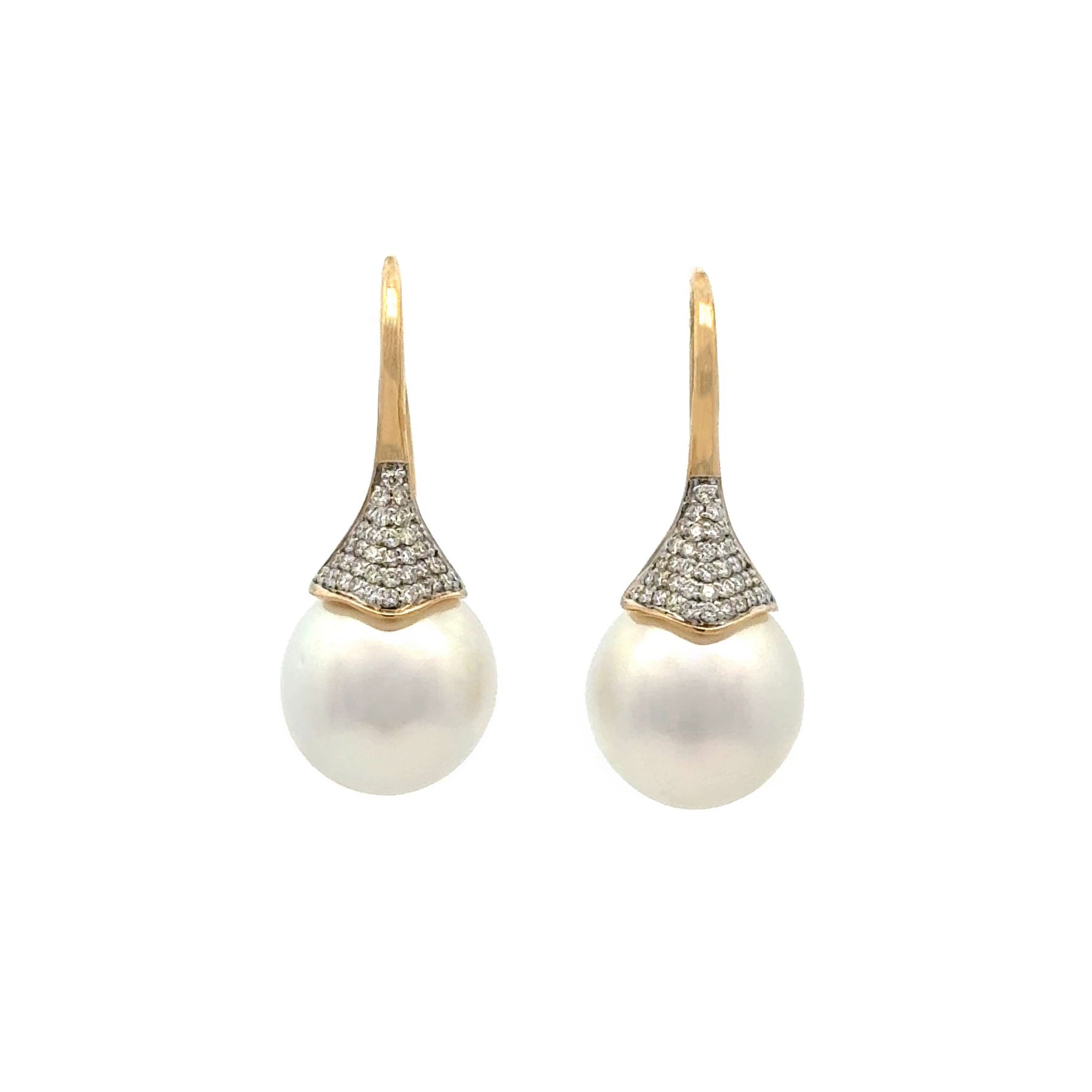 18K Yellow Gold Australian South Sea Cultured 12-13 mm Pearl and Diamond Hook Earrings.