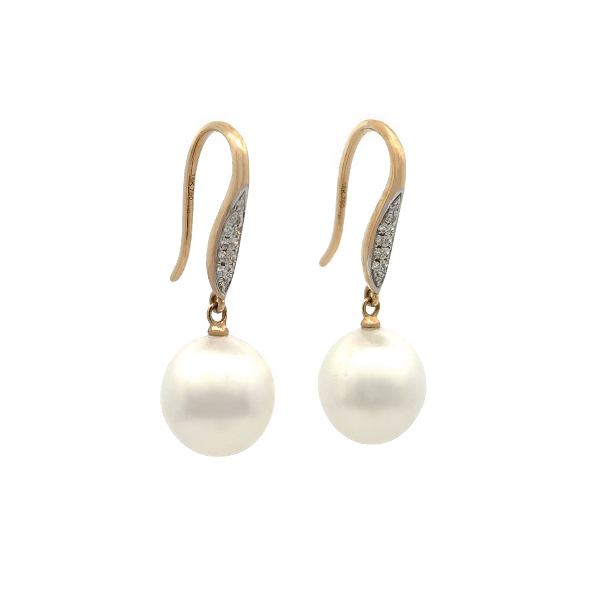 18K Yellow Gold Australian South Sea 10-11mm Cultured Pearl and Diamond Hook Earrings