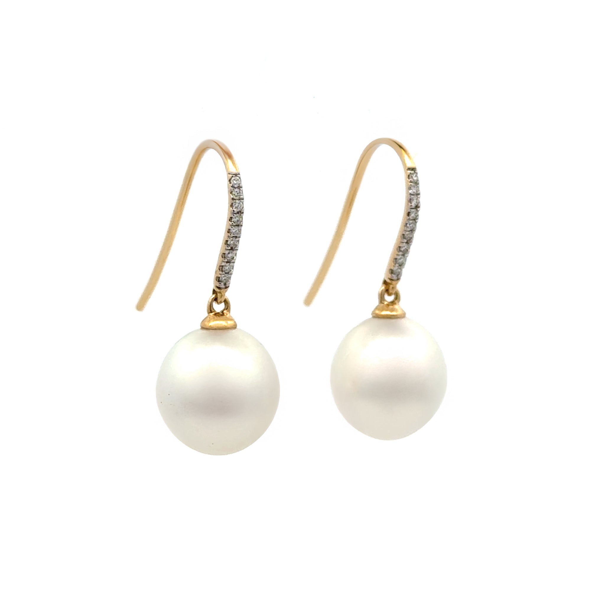 18K Yellow Gold Australian South Sea 10-11mm Cultured Pearl and Diamond Hook Earrings