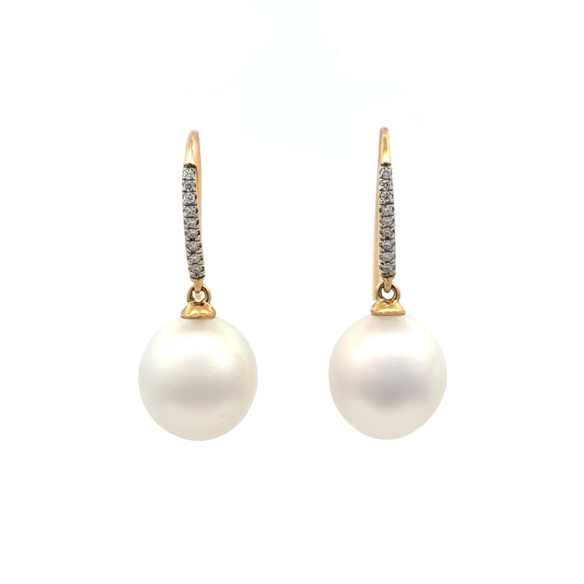 18K Yellow Gold Australian South Sea 10-11mm Cultured Pearl and Diamond Hook Earrings