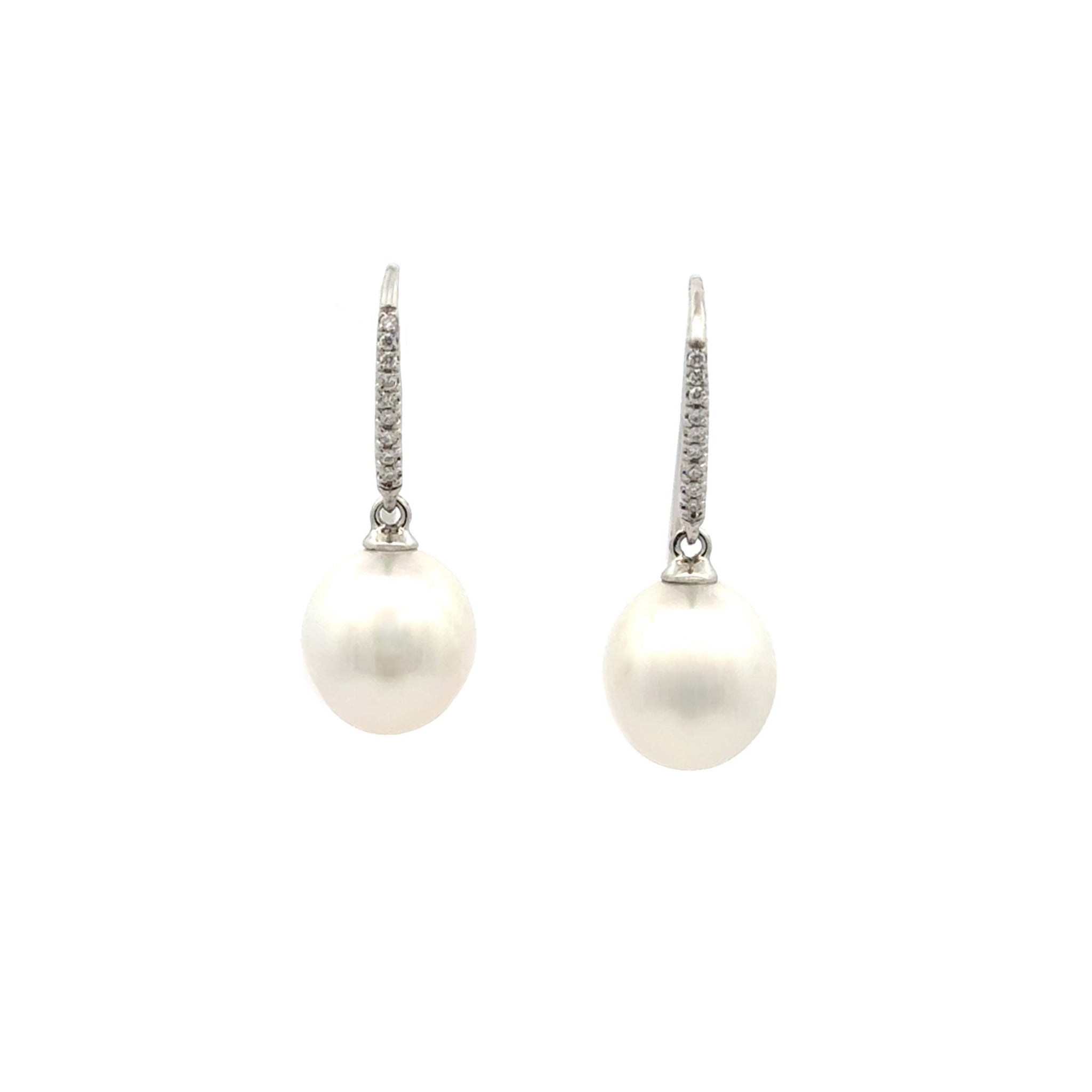 18K White Gold Australian South Sea 10-11mm Cultured Pearl and Diamond Hook Earrings