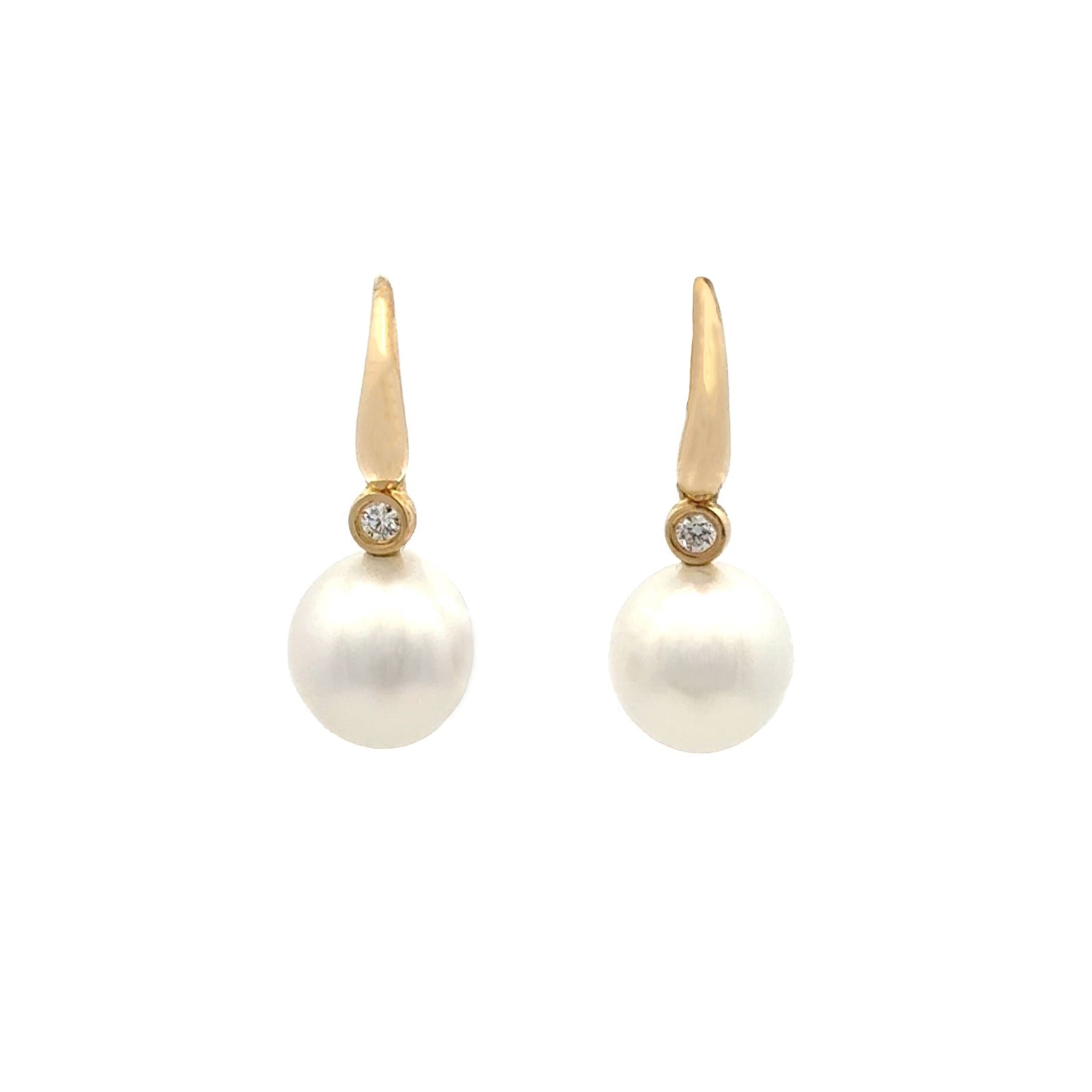 18K Yellow Gold Australian South Sea 10-11mm Cultured Pearl and Diamond Hook Earrings