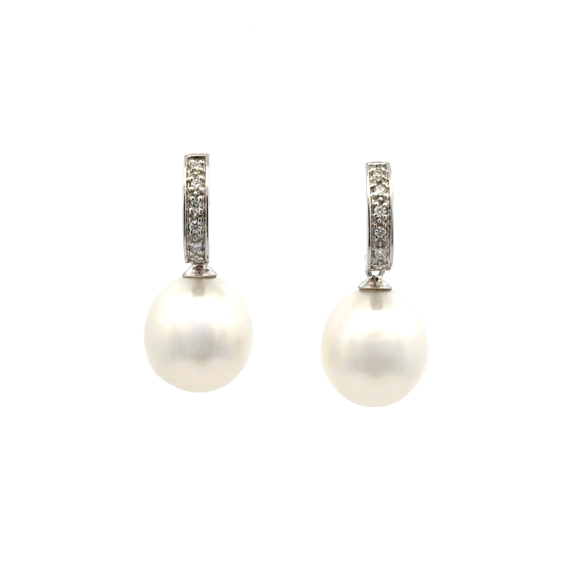 18K White Gold Australian South Sea 10-11mm Cultured Pearl and Diamond Drop Earrings