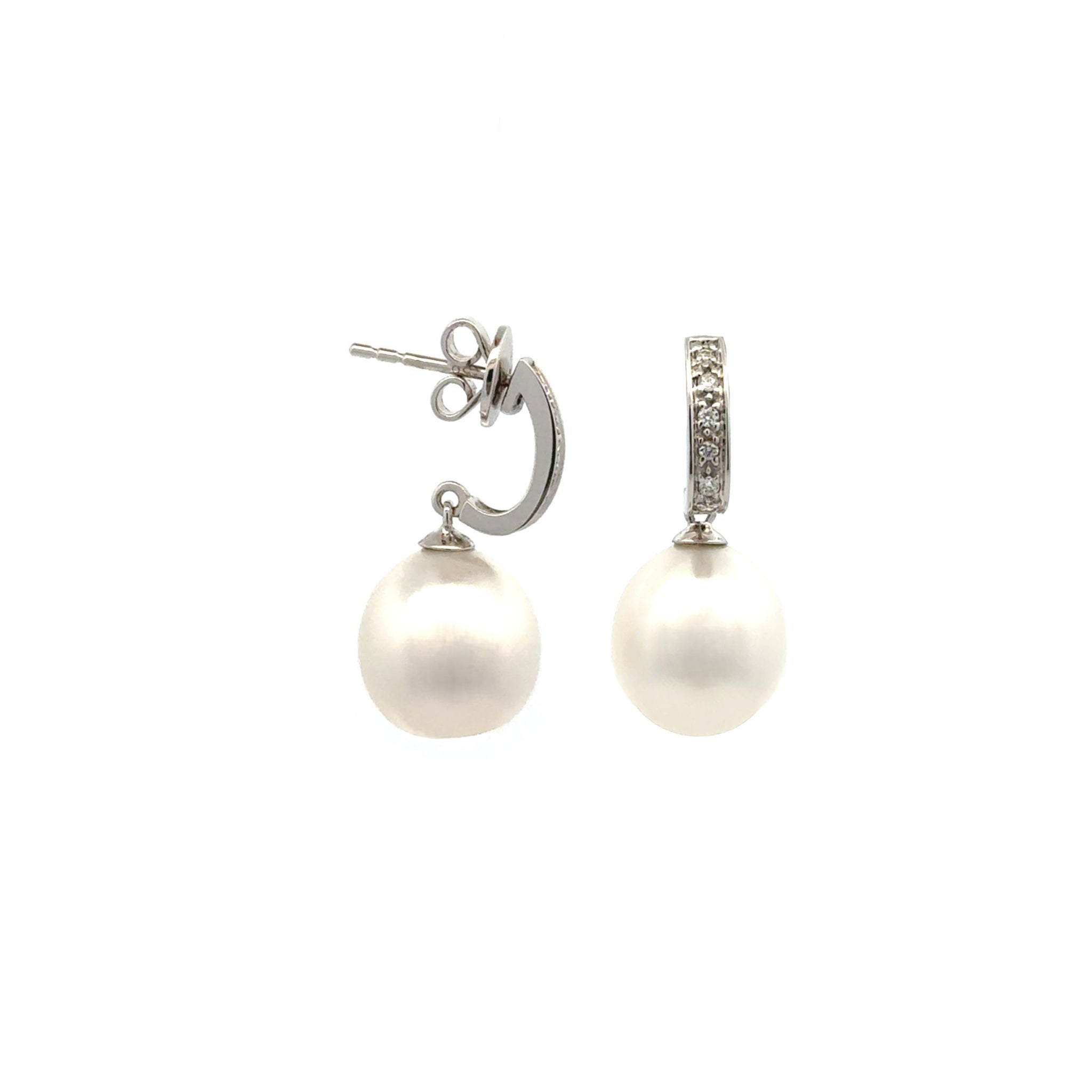 18K White Gold Australian South Sea 10-11mm Cultured Pearl and Diamond Drop Earrings