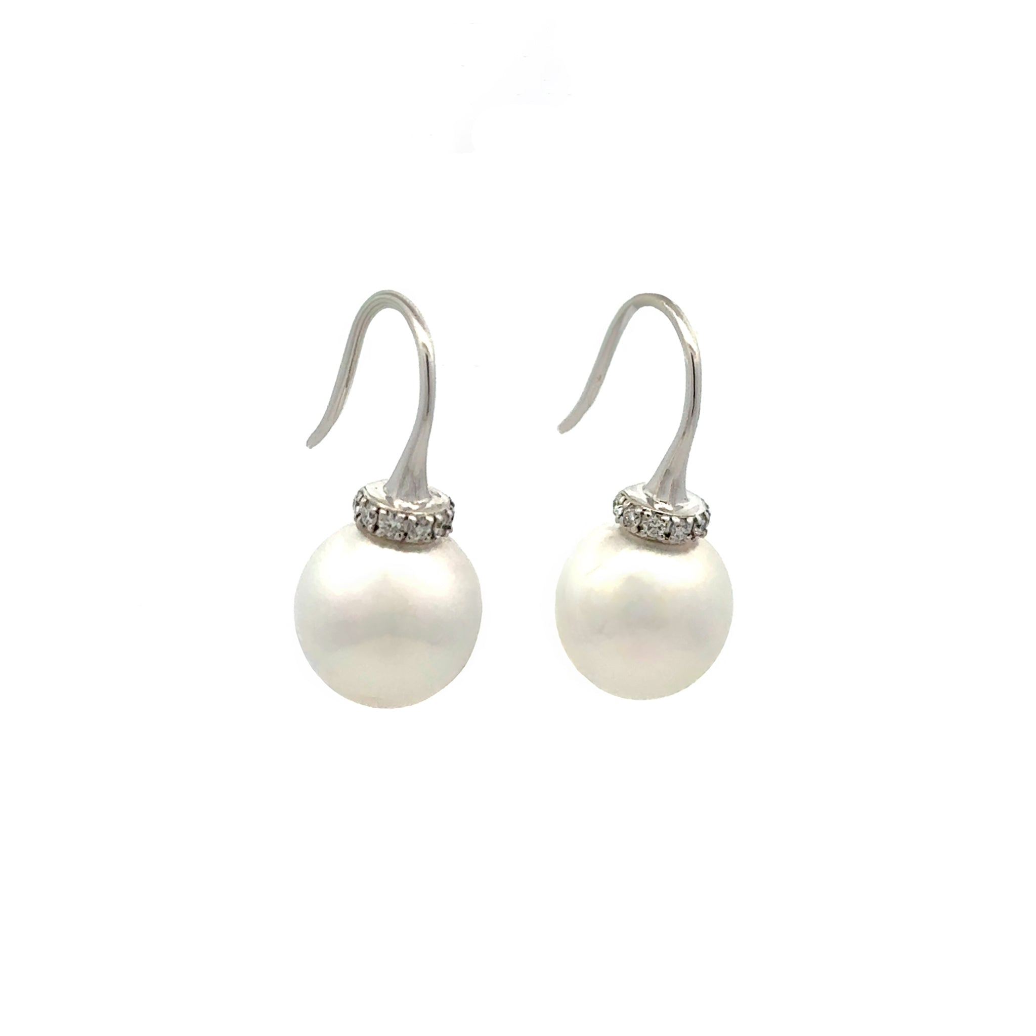 18K White Gold Australian South Sea Cultured 10-11mm Pearl and Diamond Hook Earrings