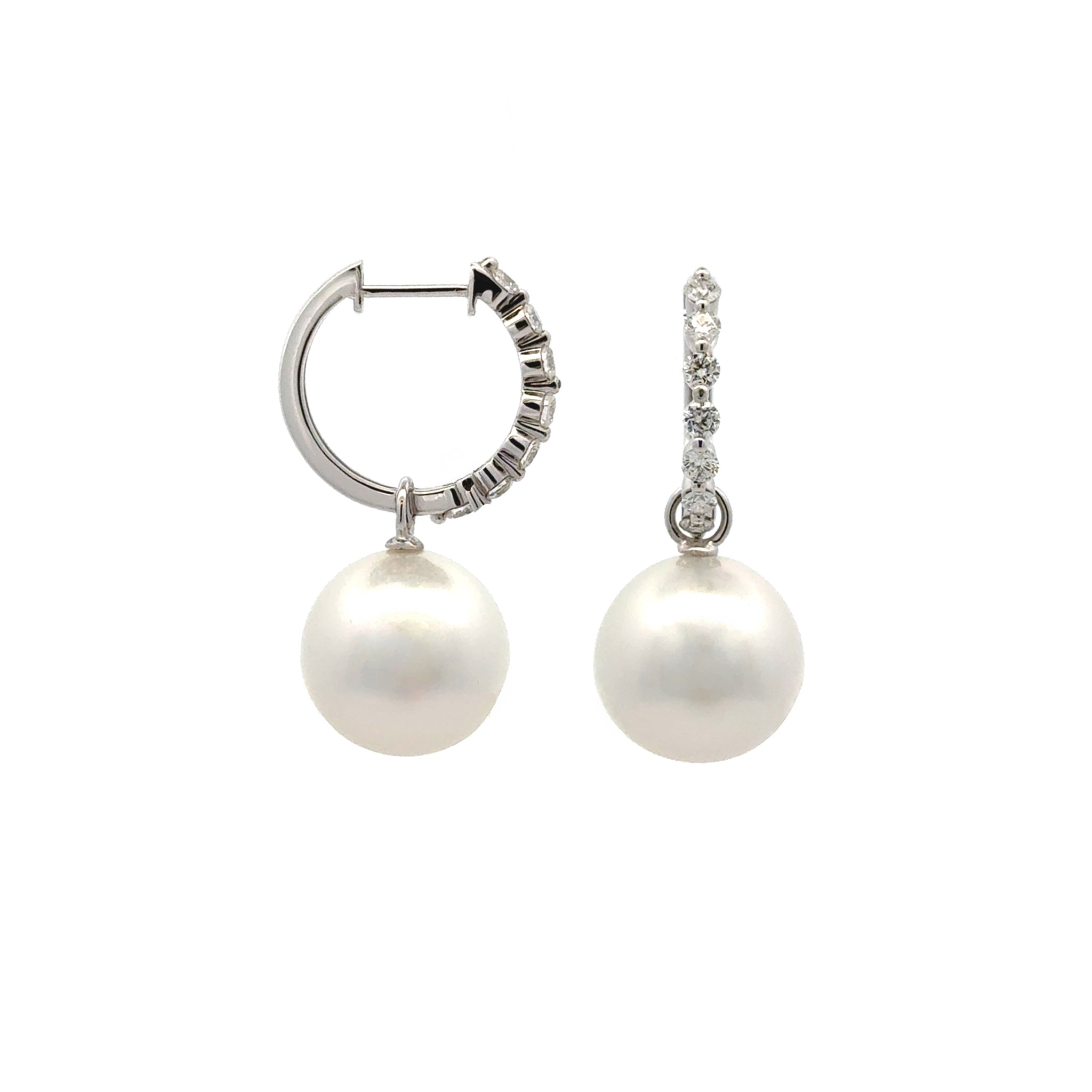 18K White Gold Australian South Sea 13-14mm Cultured Pearl and Diamond Huggie Earrings