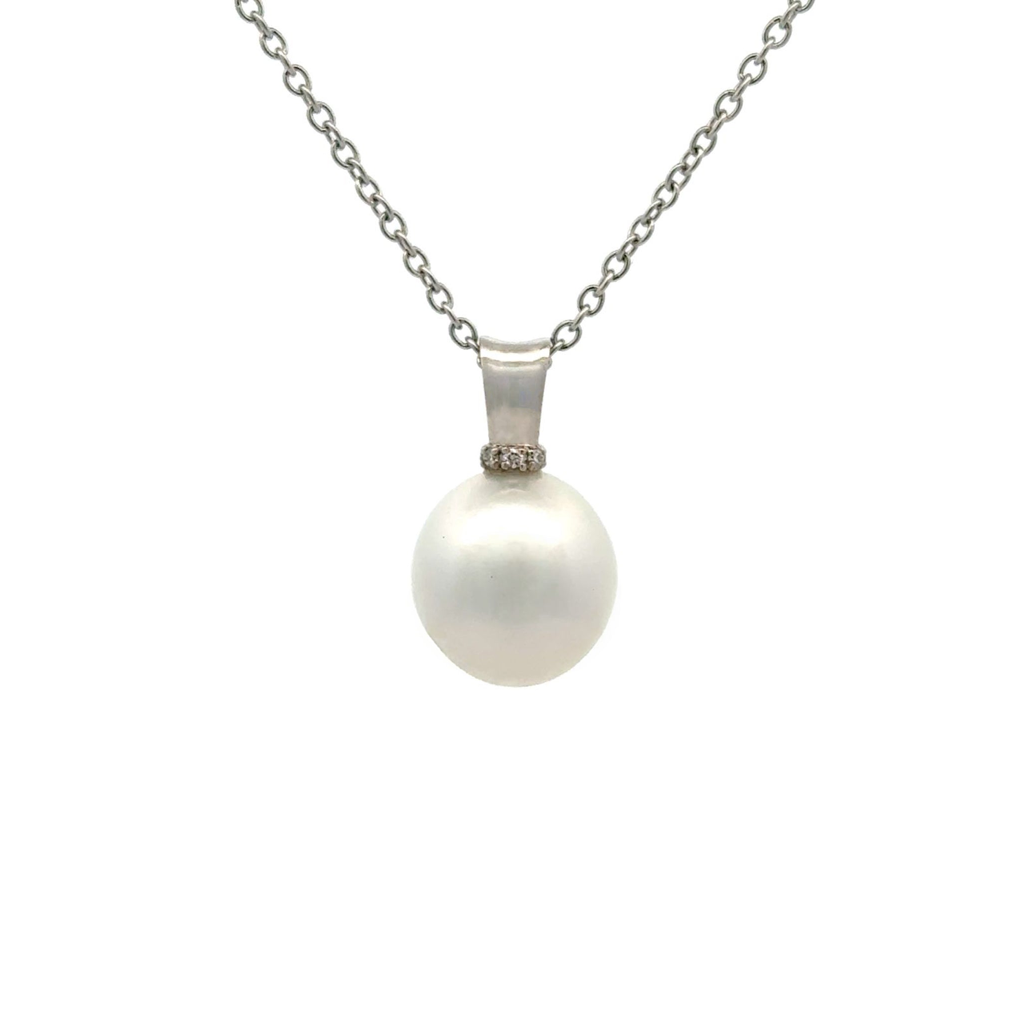 18K White Gold Australian South Sea 12-13mm Cultured Pearl and Diamond Pendant