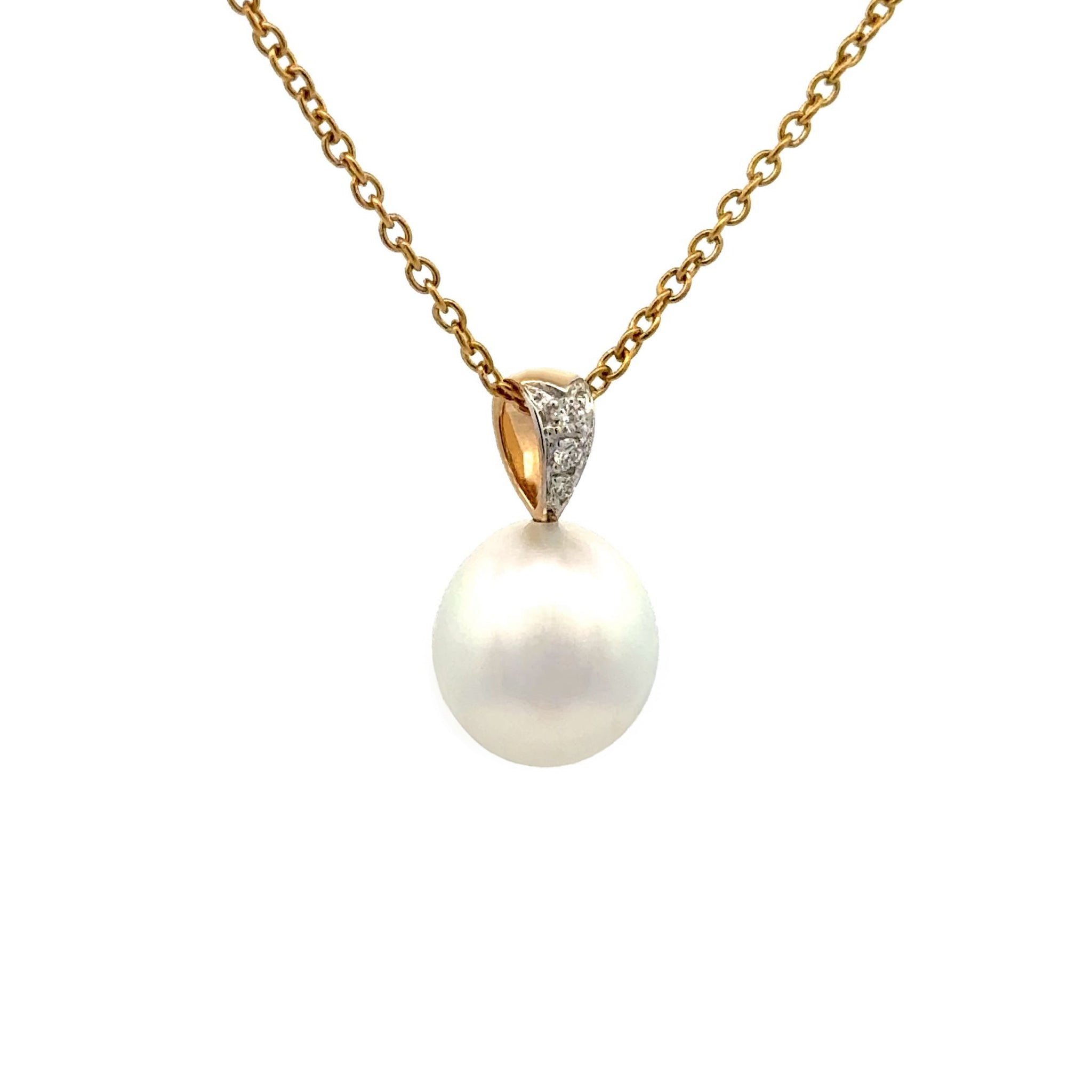 18K Yellow Gold Australian South Sea Cultured 11-12mm Diamond and Pearl Pendant