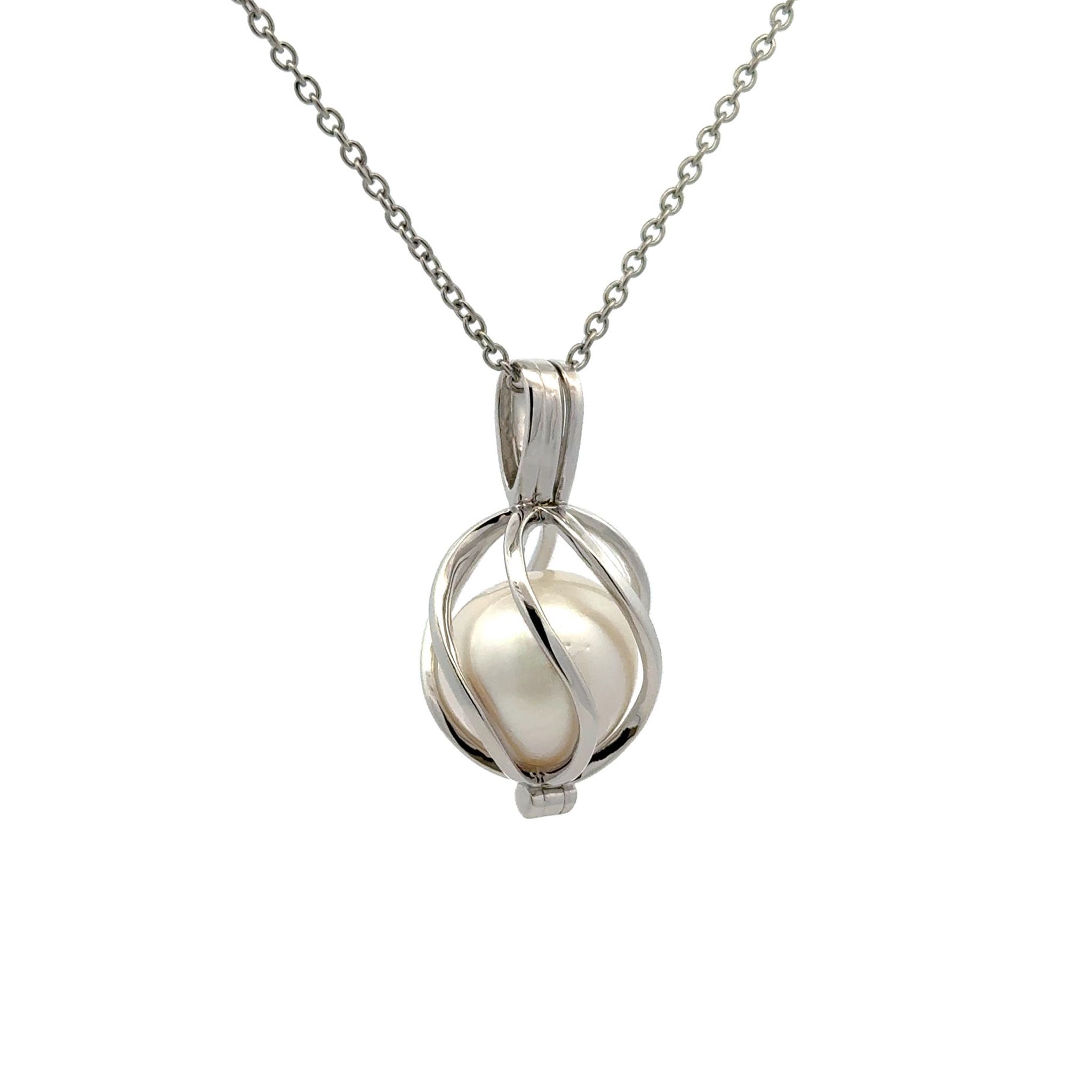 Sterling Silver Australian South Sea 13-14mm Cultured Pearl Large Cage Pendant