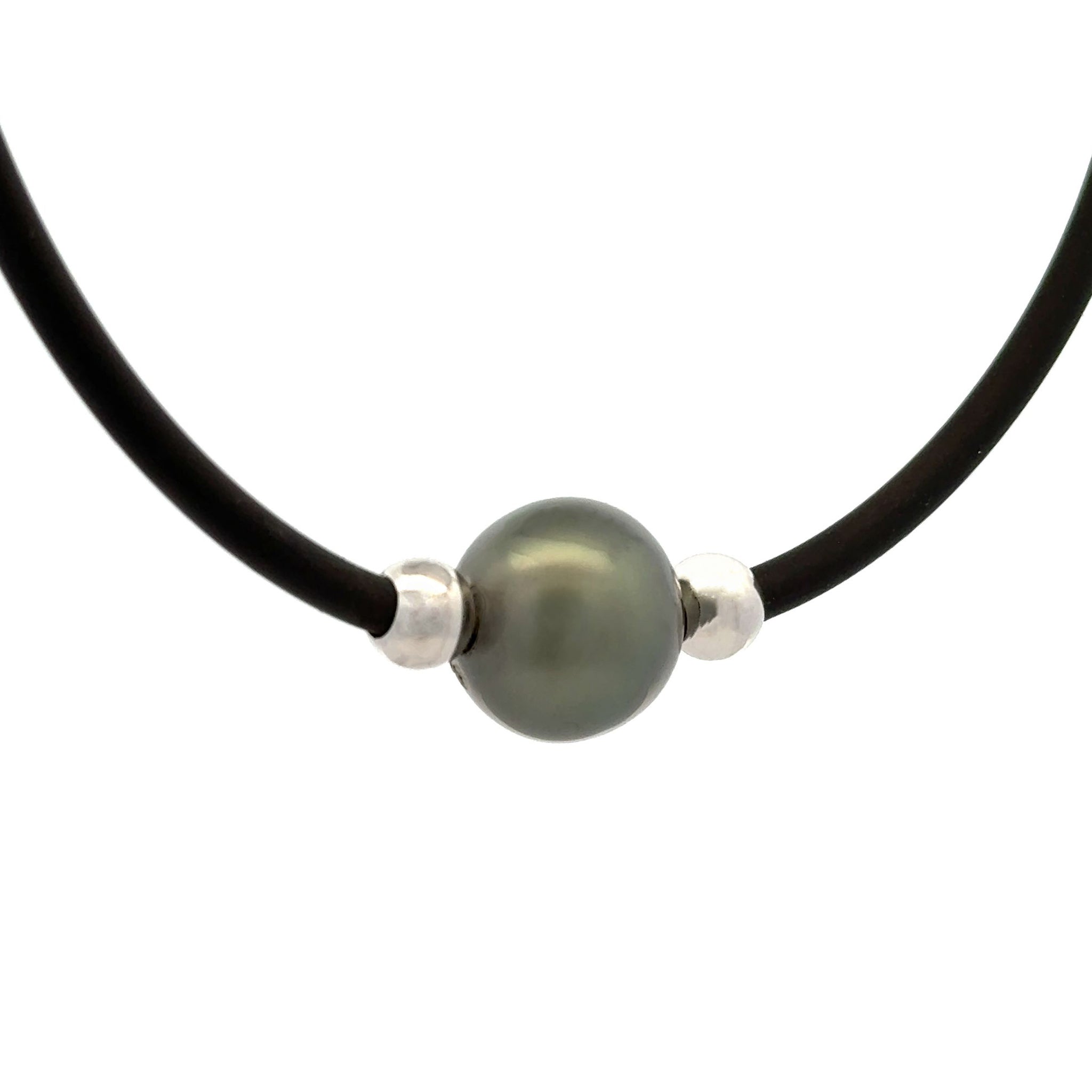 Stainless Steel Tahitian Cultured 13-14 mm Pearl 3mm Neoprene Necklace with Sterling Silver Rondelles