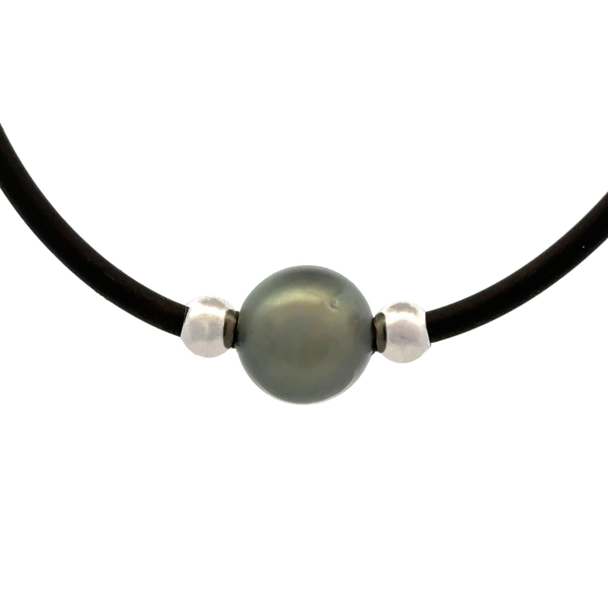 Stainless Steel Tahitian Cultured 13-14 mm Pearl 3mm Neoprene Necklace with Sterling Silver Rondelles