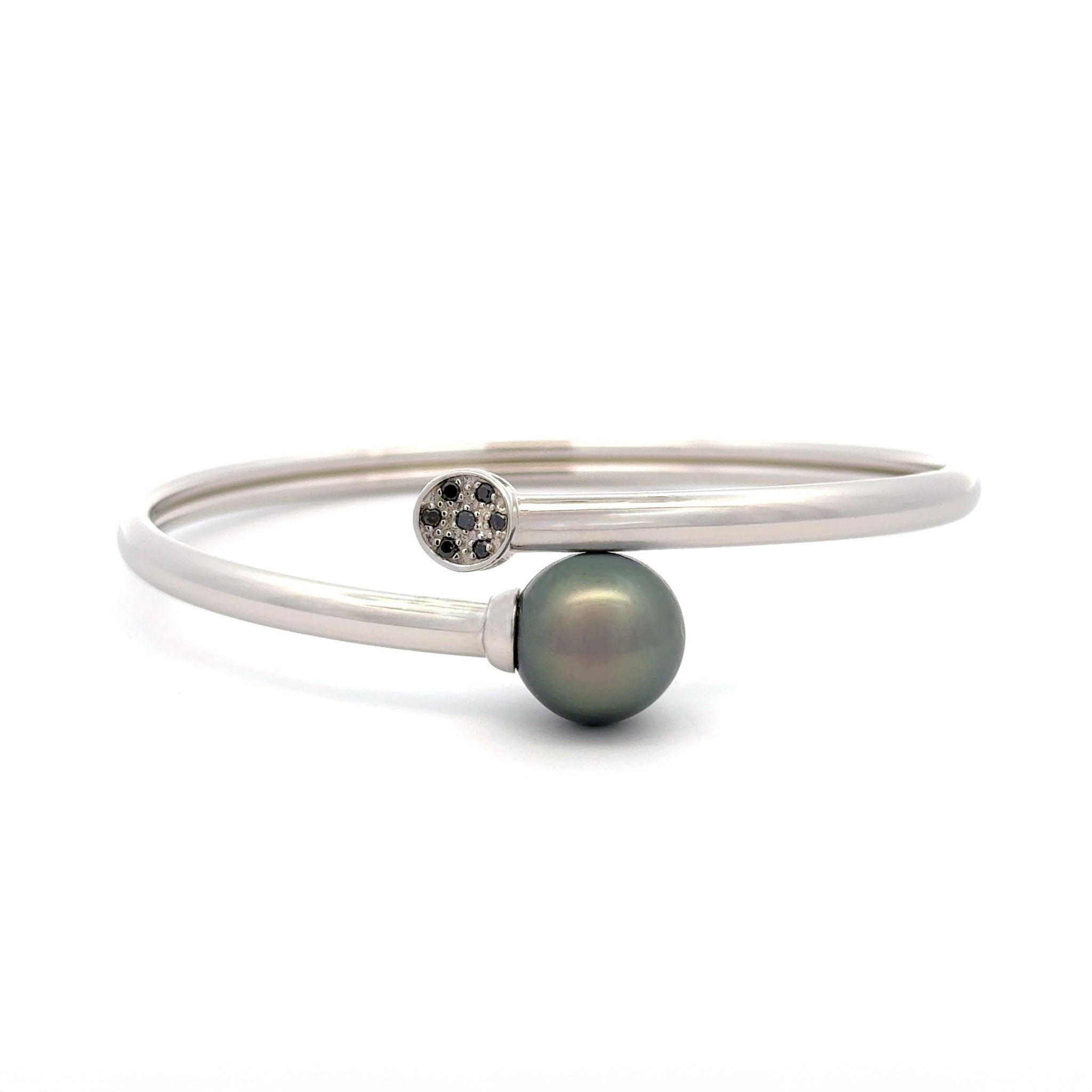 Sterling Silver Tahitian 11-12 mm Cultured Pearl and Diamond Bangle