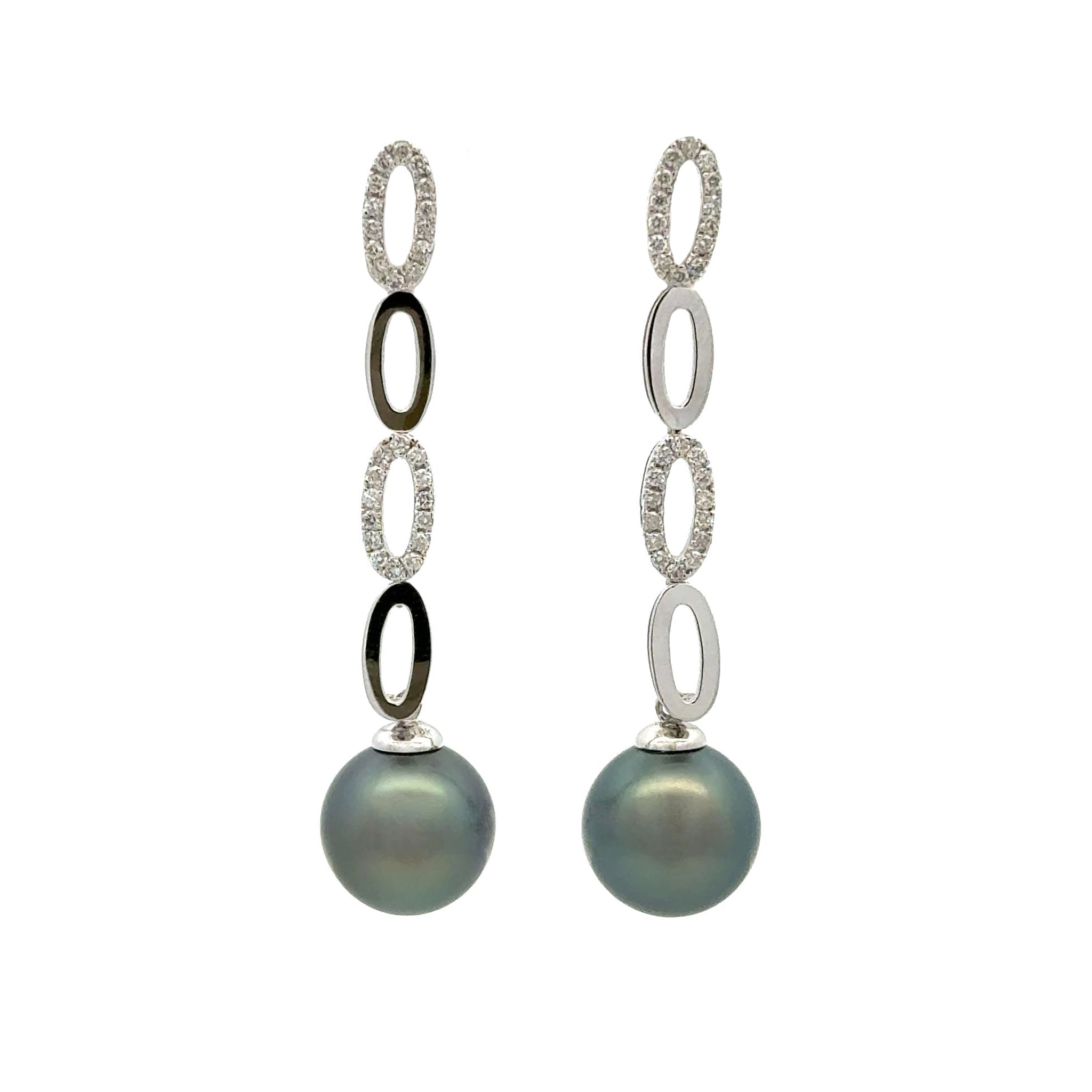 18K White Gold Tahitian 11-12mm Cultured Pearl and Diamond Drop Earrings