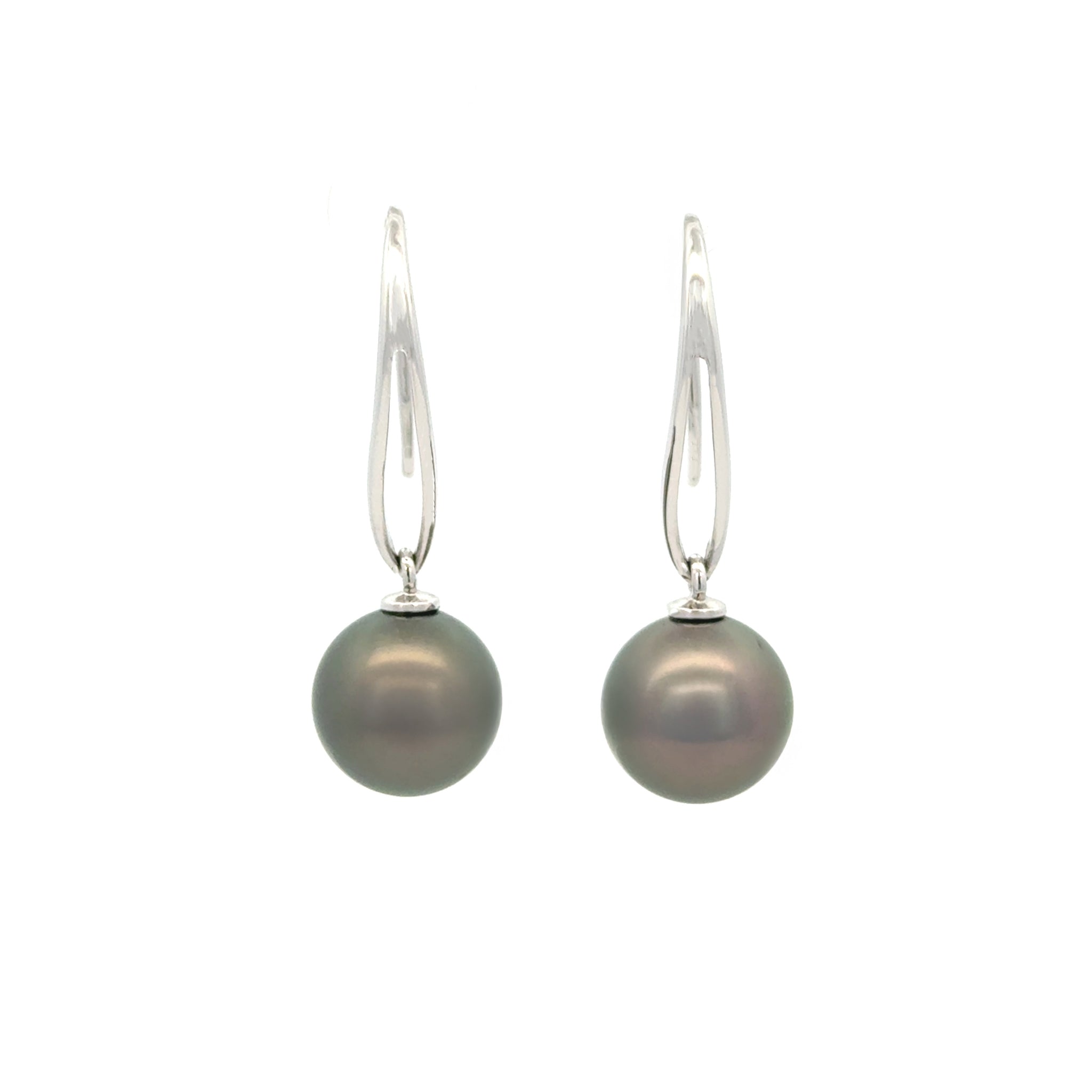 18K White Gold Tahitian 11-12mm Cultured Pearl Hook Earrings