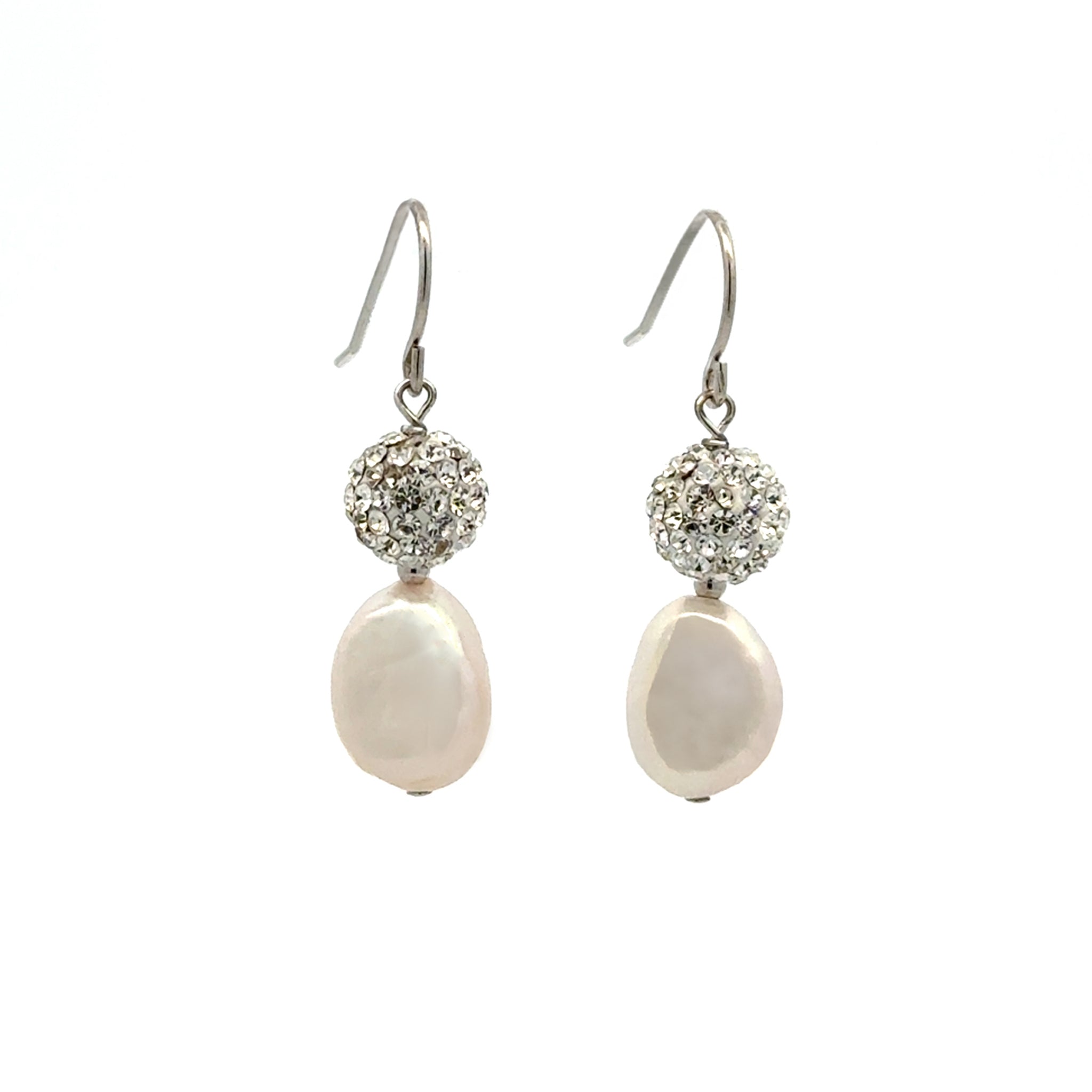 Sterling Silver Freshwater Pearl and Crystal Clay Ball Hook Earrings