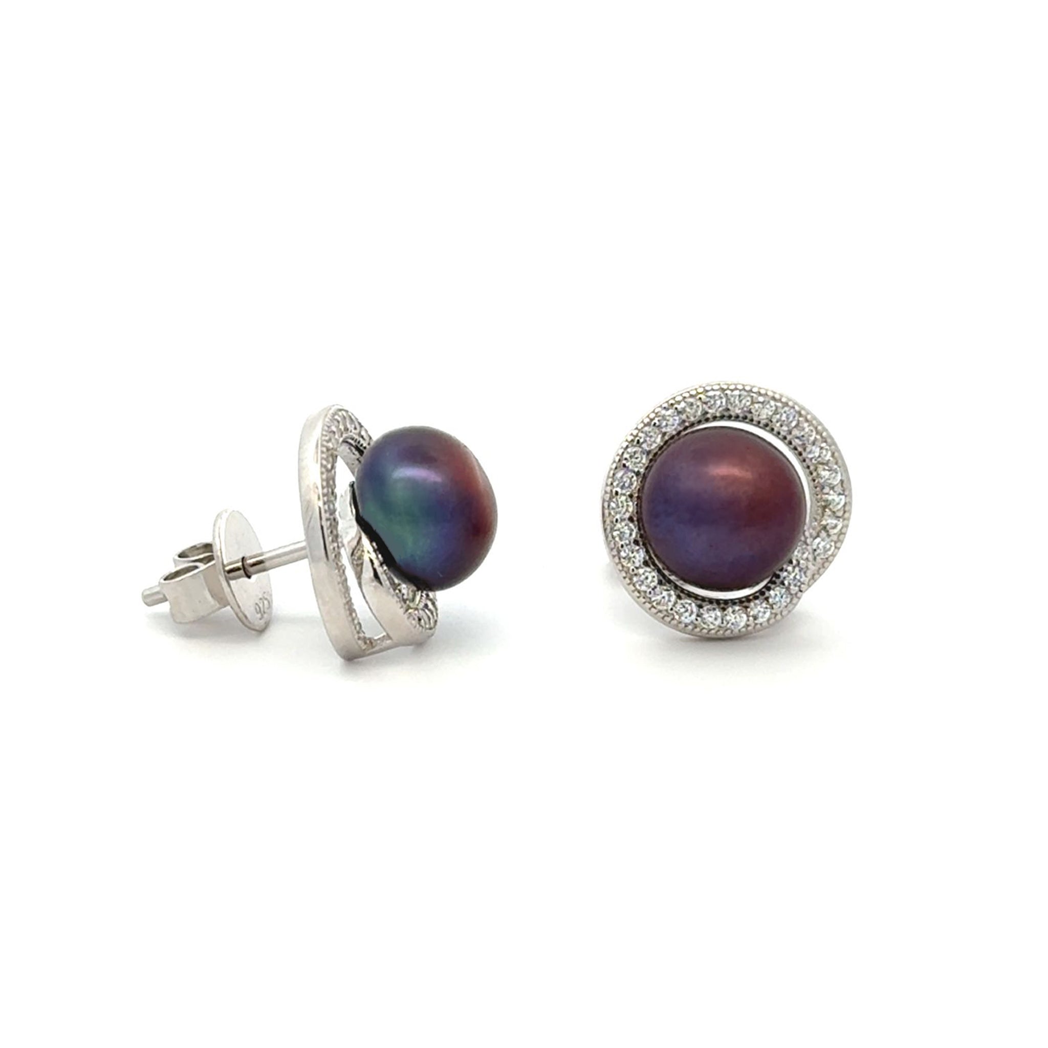 Sterling Silver Freshwater Pearl and Swarovski Crystals Stud Earrings