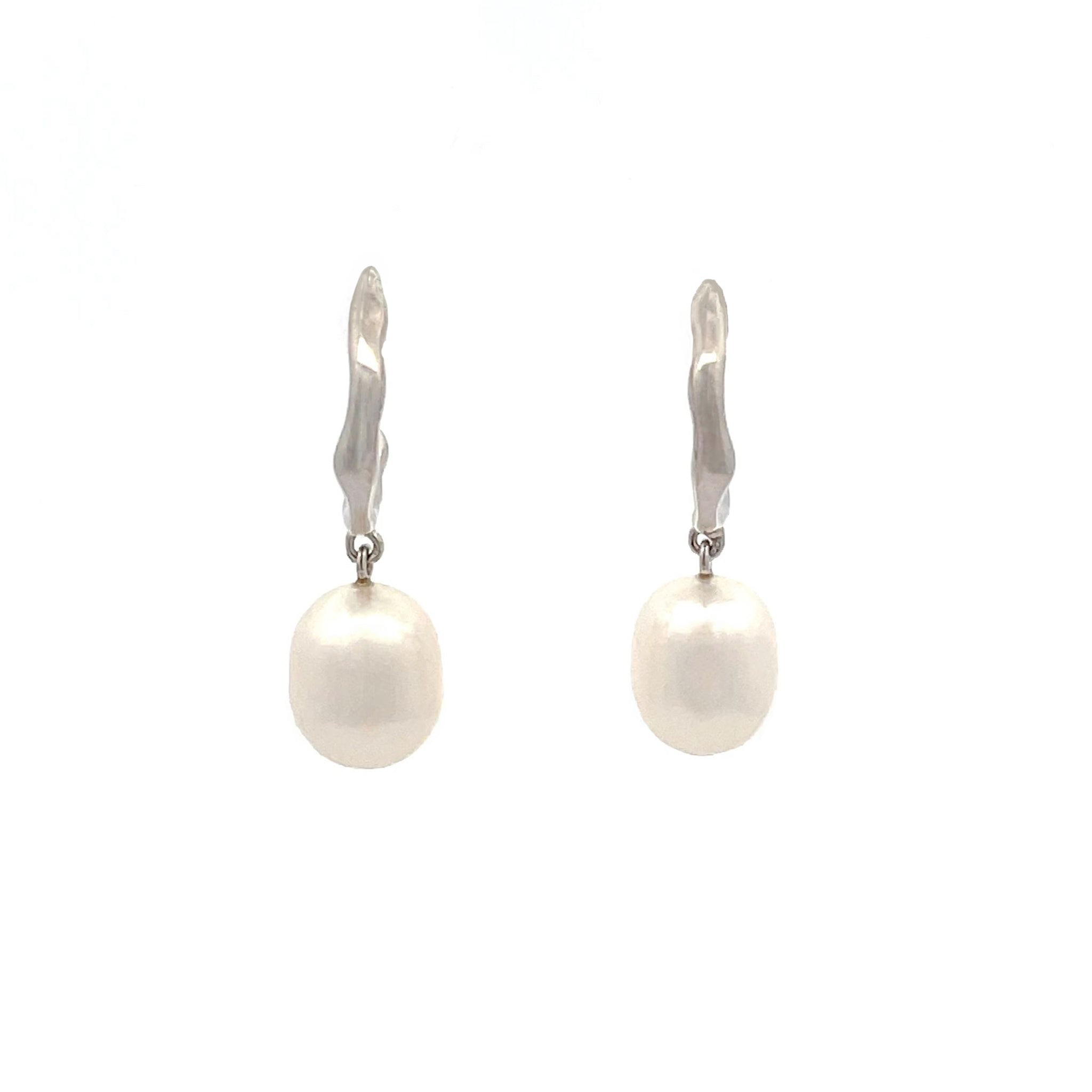 Sterling Silver 7.5-8 mm Rice Shape Freshwater Pearl Rhodium Plated Drop Earrings