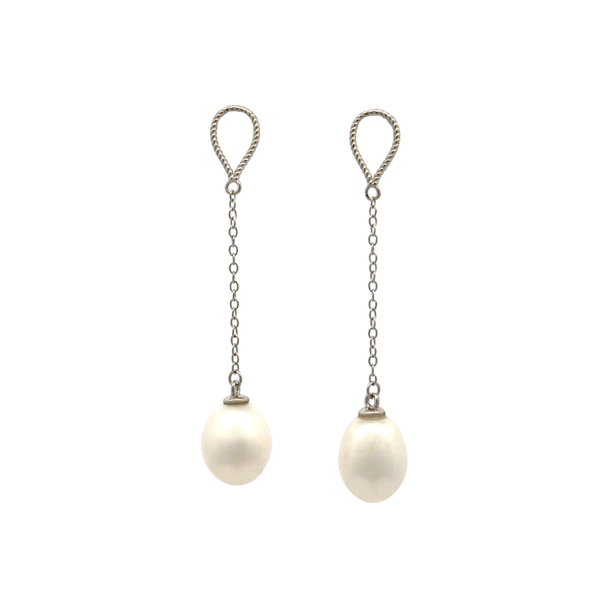 Sterling Silver Freshwater 8-9mm Pearl Drop Earrings - Rhodium Plated.