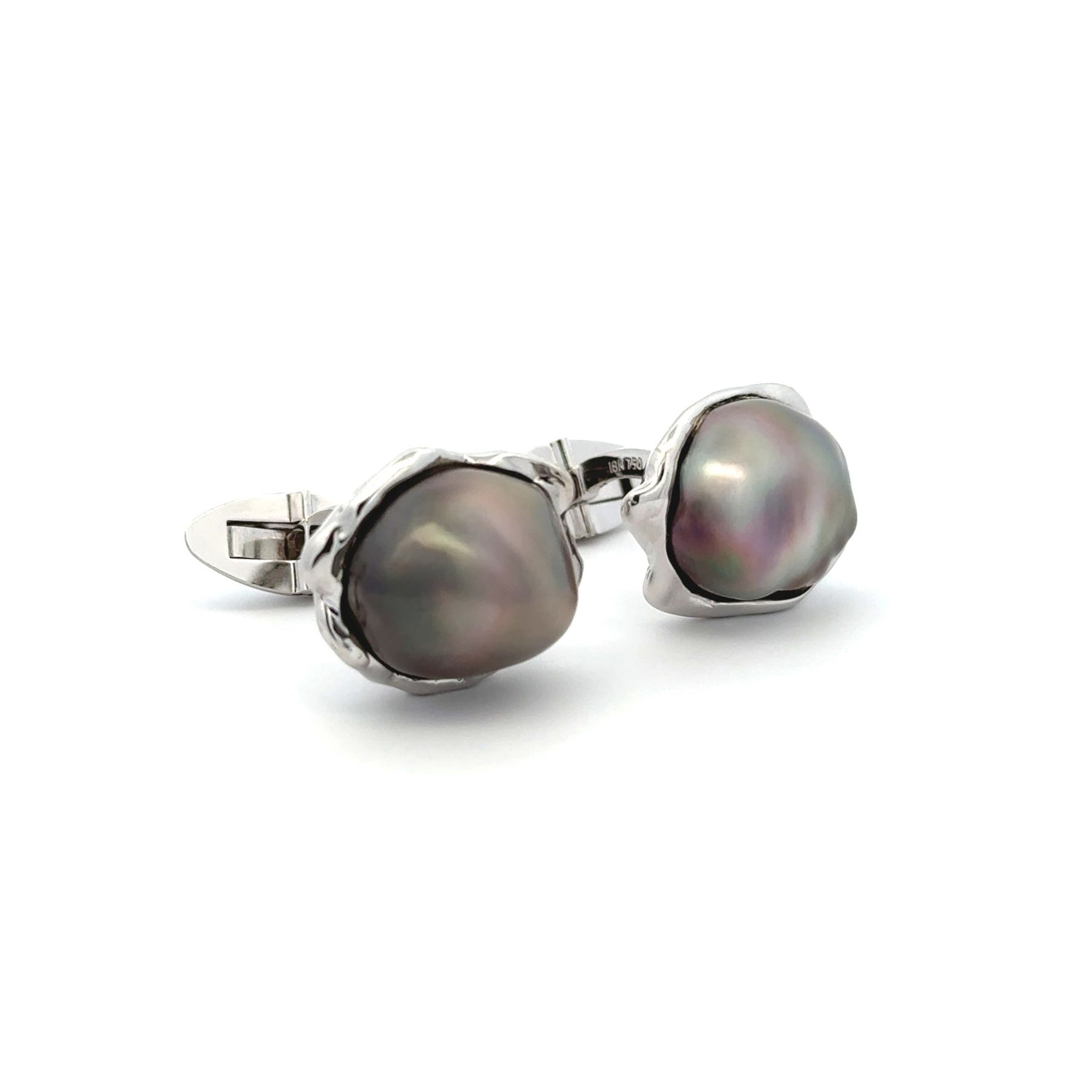 18K White Gold Tahitian Keshi Black Pearl Cufflinks