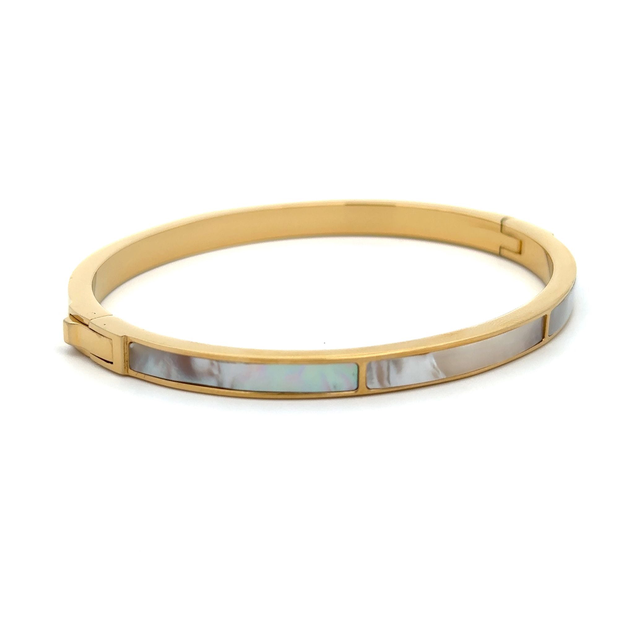 Gold Plated Stainless Steel White Mother Of Pearl Bangle - 60mm