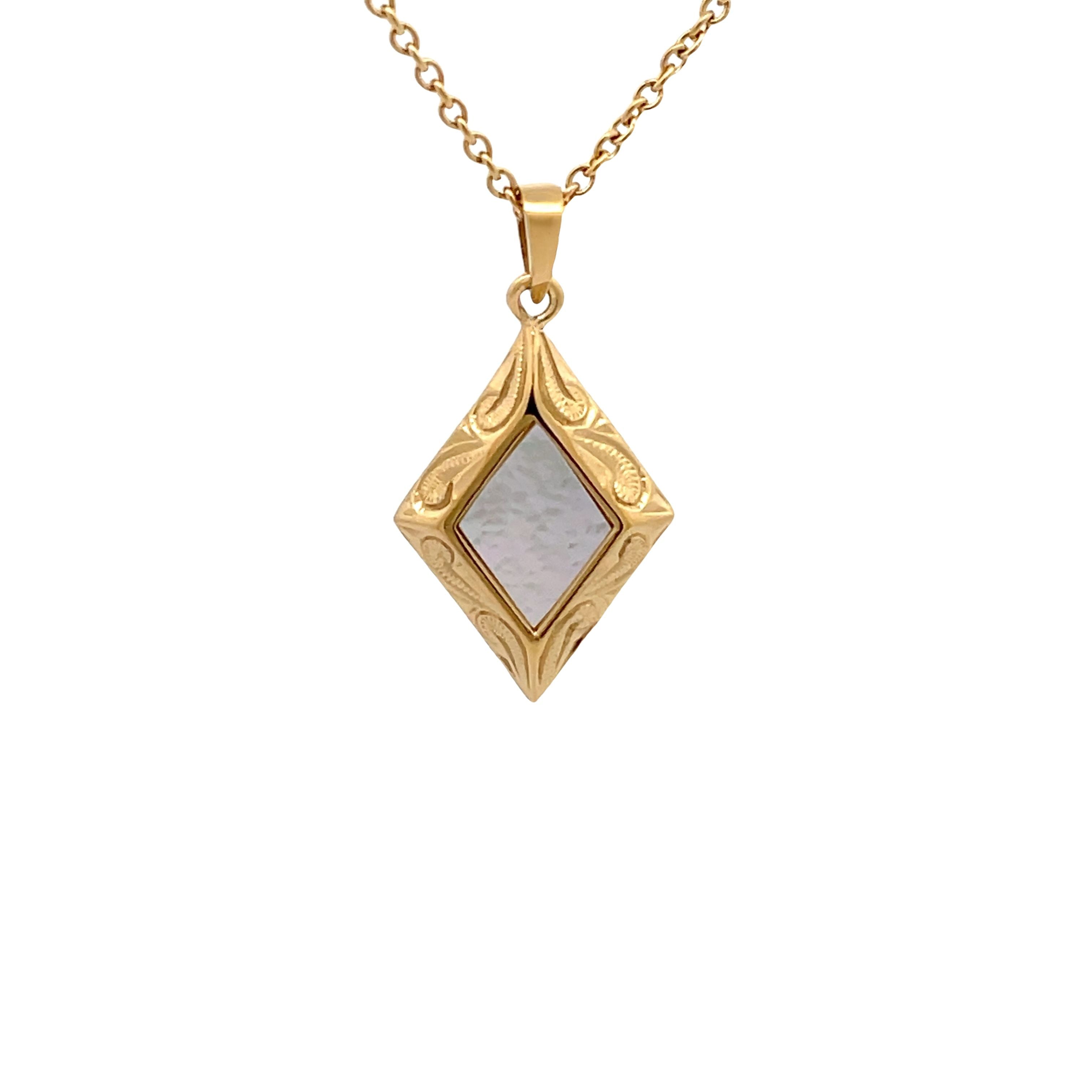 14K Gold Plated Stainless Steel White Mother of Pearl Diamond Shaped N