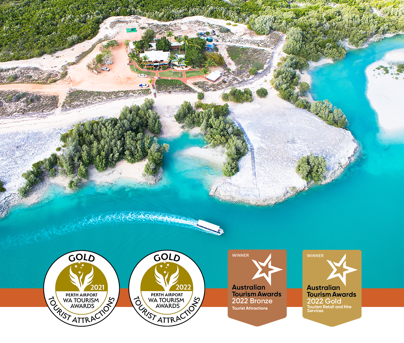 An aerial view of the Willie Creek Pearl Farm in Broome, overlaid with two gold WA Tourism Award icons and both bronze and gold Australian Tourism Award icons.