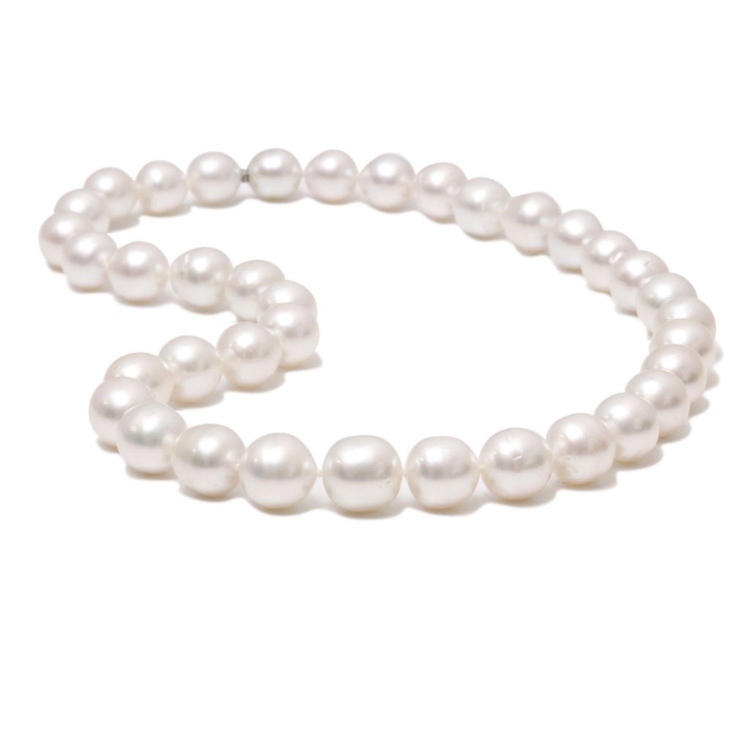 A white Australian South Sea pearl strand necklace elegantly displayed against a white background.