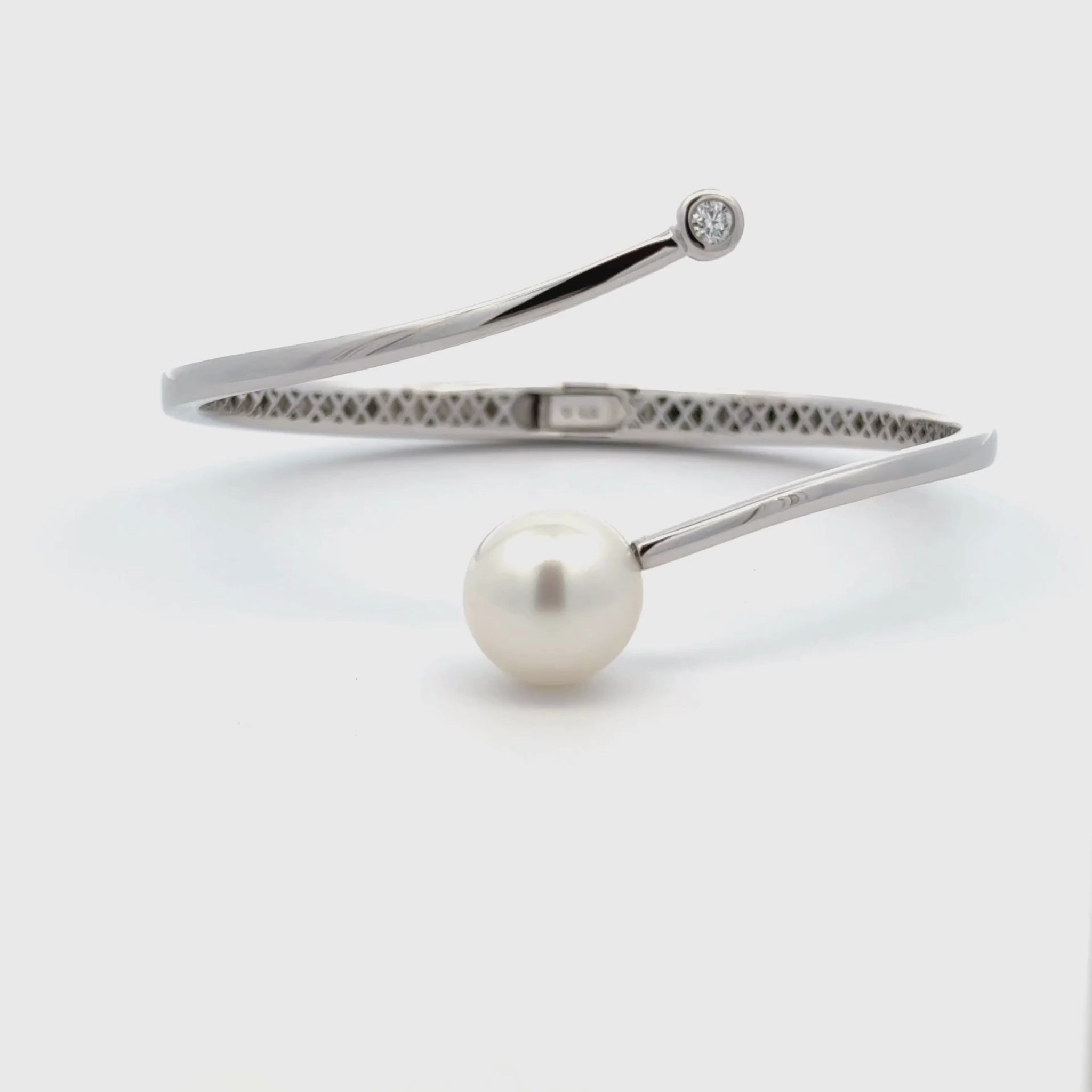 9K White Gold Australian South Sea 12-13mm Cultured Pearl and Diamond Bangle