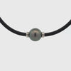 This Willie Creek Pearls necklace is composed of sterling silver, with a single 11-12mm round/near round, black pearl with excellent lustre and 3mm neoprene.