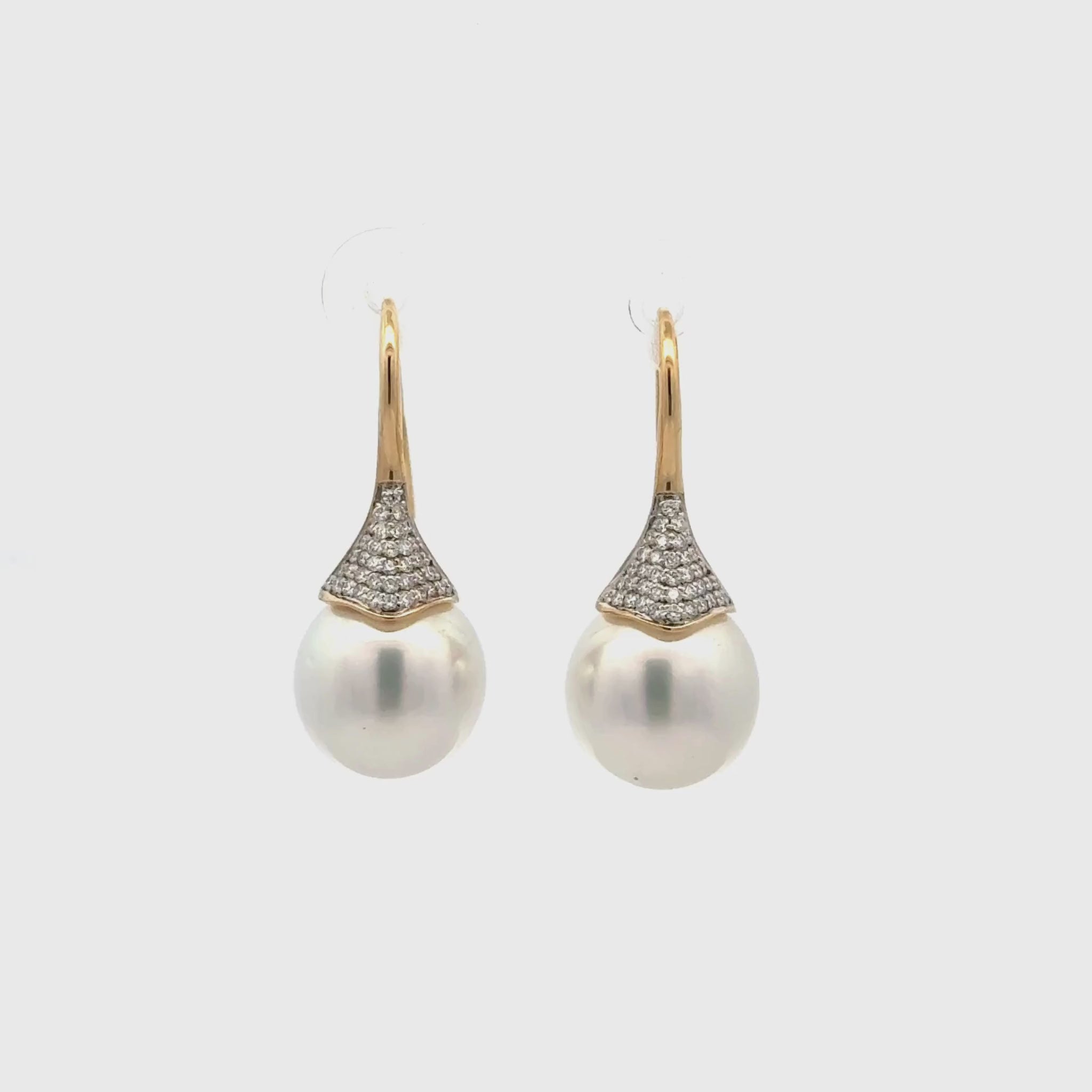 18K Yellow Gold Australian South Sea Cultured 12-13 mm Pearl and Diamond Hook Earrings.