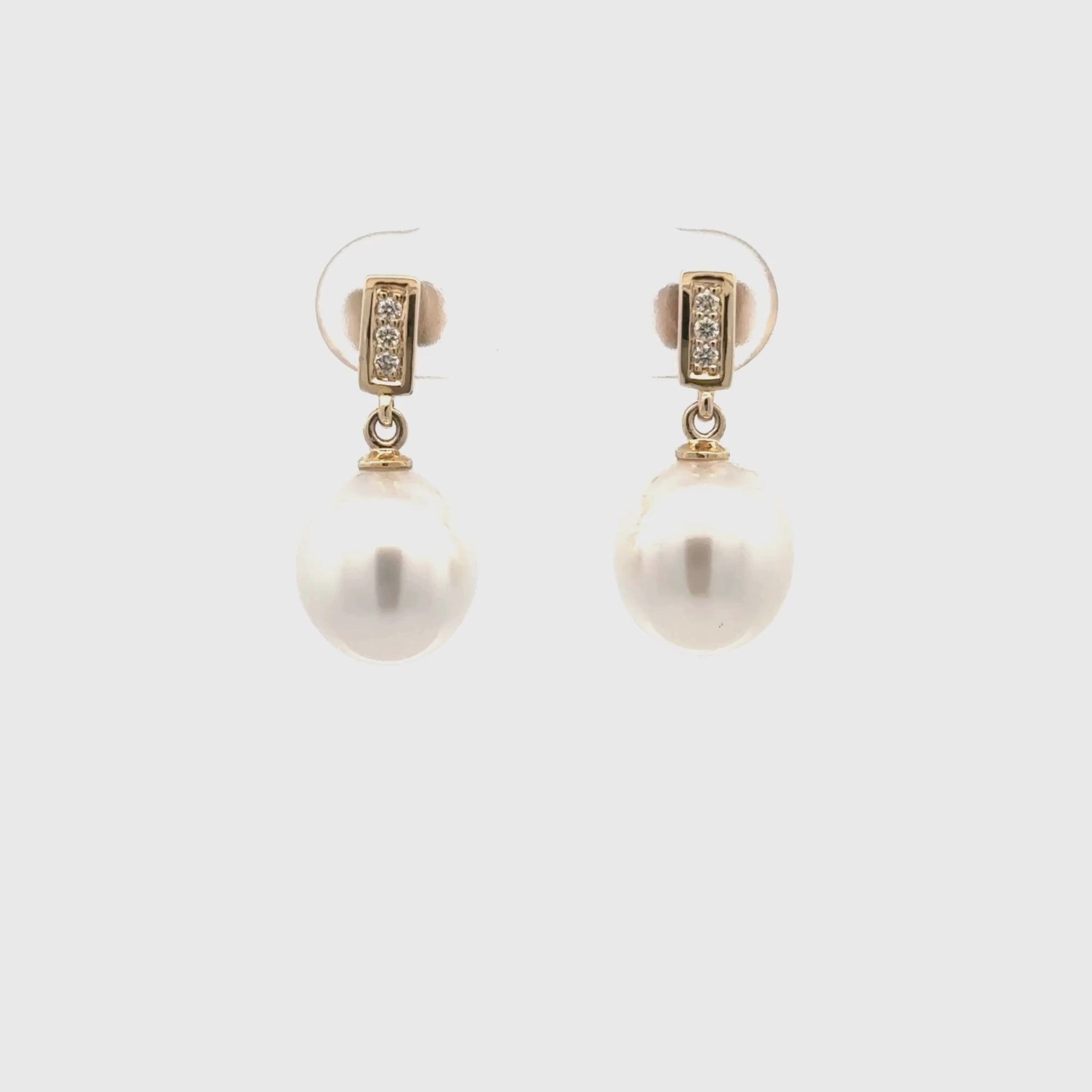 9K Yellow Gold Australian South Sea 9-10mm Cultured Pearl and Diamond Drop Earrings