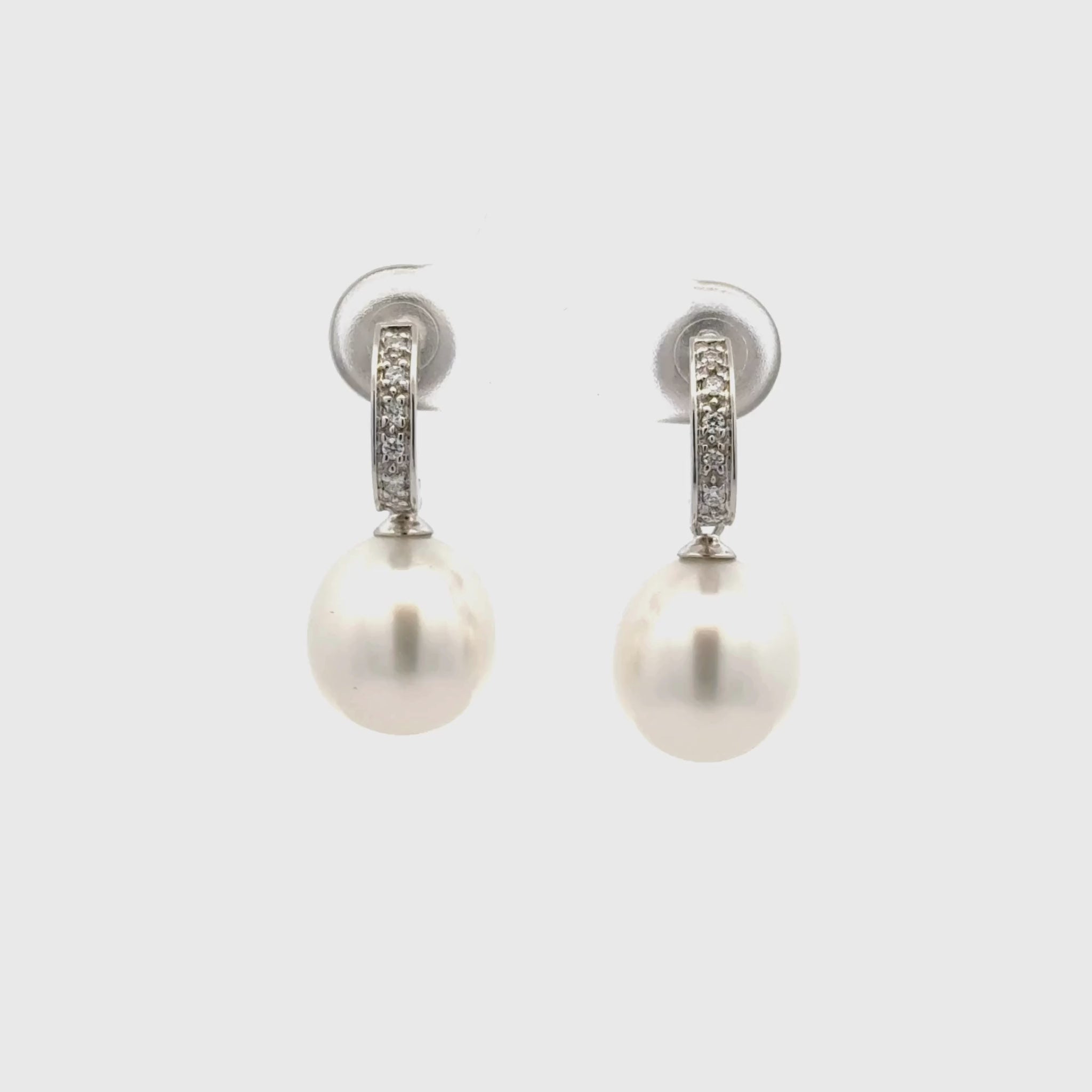 18K White Gold Australian South Sea 10-11mm Cultured Pearl and Diamond Drop Earrings